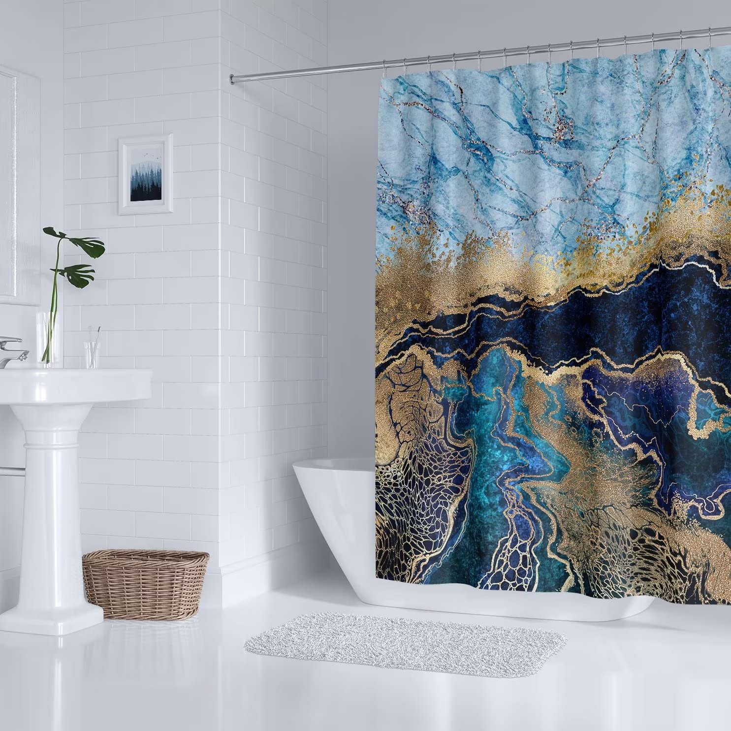 Duschvorhang Ohne Haken, Marineblauer Marmor-Look – Wasserdichter Stoff Mit Transparentem Oberteil, Inkl. Einsetzbarem Liner, 183x190 Cm