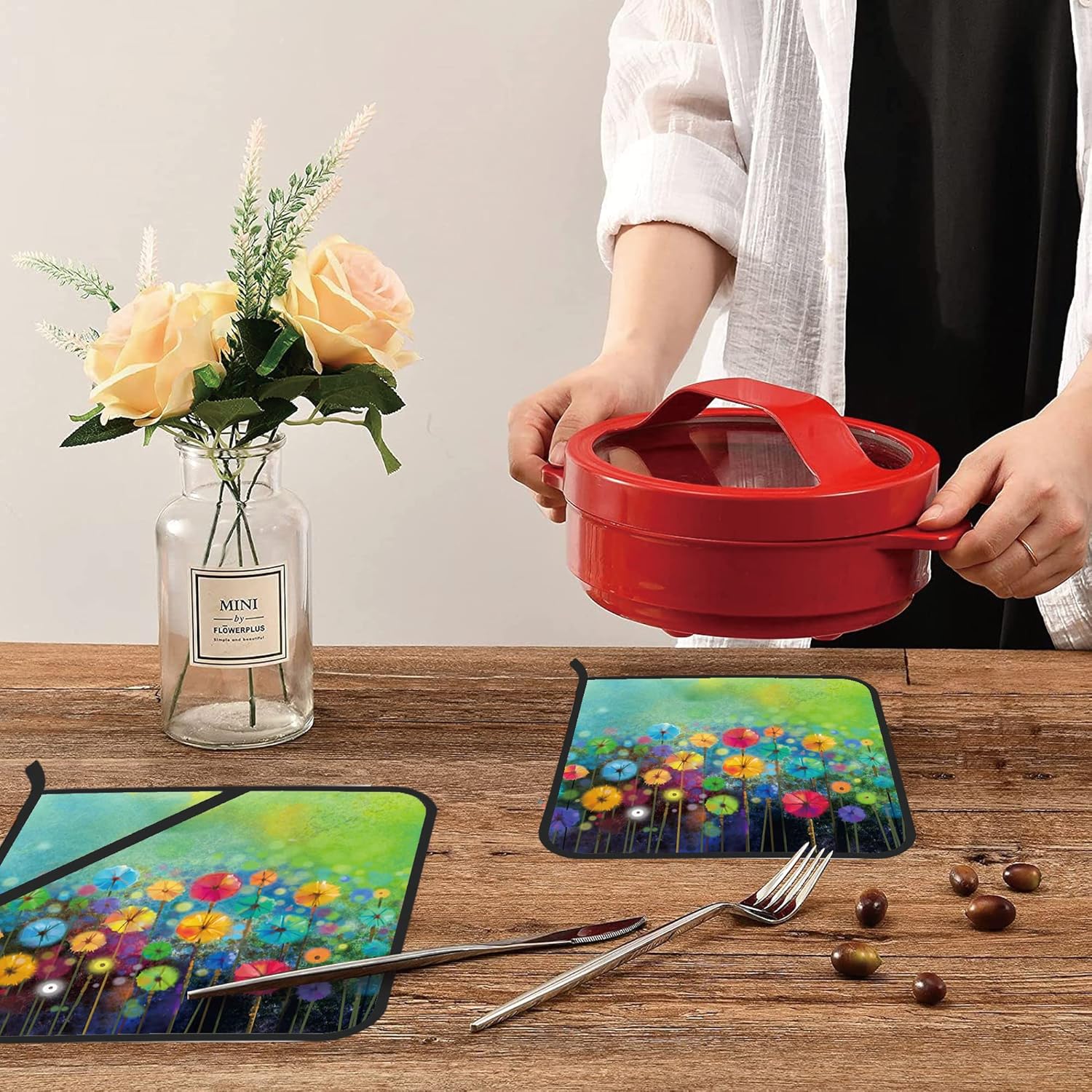 Abstract Floral Watercolor Painting Pot Holders Set of 2 Kitchen Heat Resistant Potholder for Microwave Cooking Baking Oven End Dishes and BBQ - Image 6