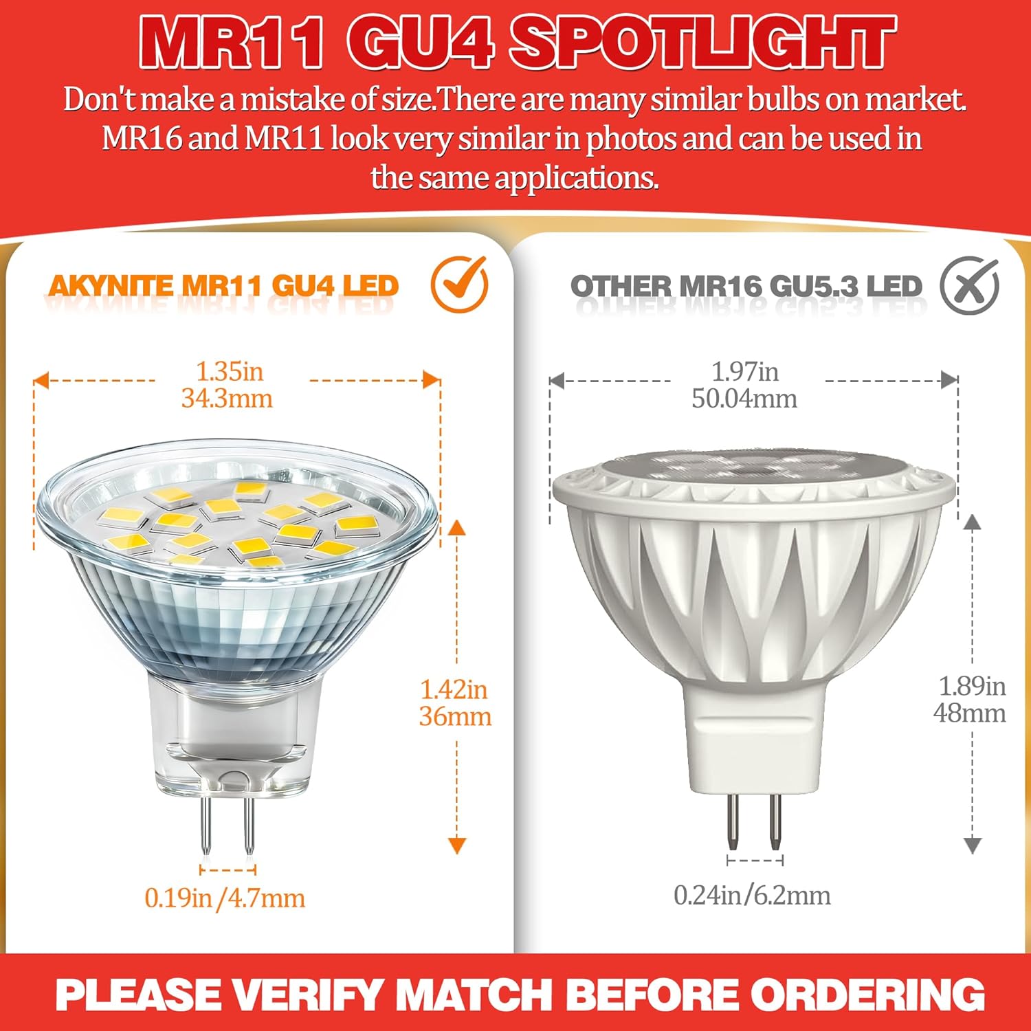 Akynite MR11 GU4 12V-24V LED Light Bulbs, 2W Equivalent 10W-20W Halogen GU4 Bi-Pin Base Spotlight Bulb, 3000K Warm White MR11 Bulb for Landscape Recessed Track Fiber Optic Light, 4PCs Not Dimmable