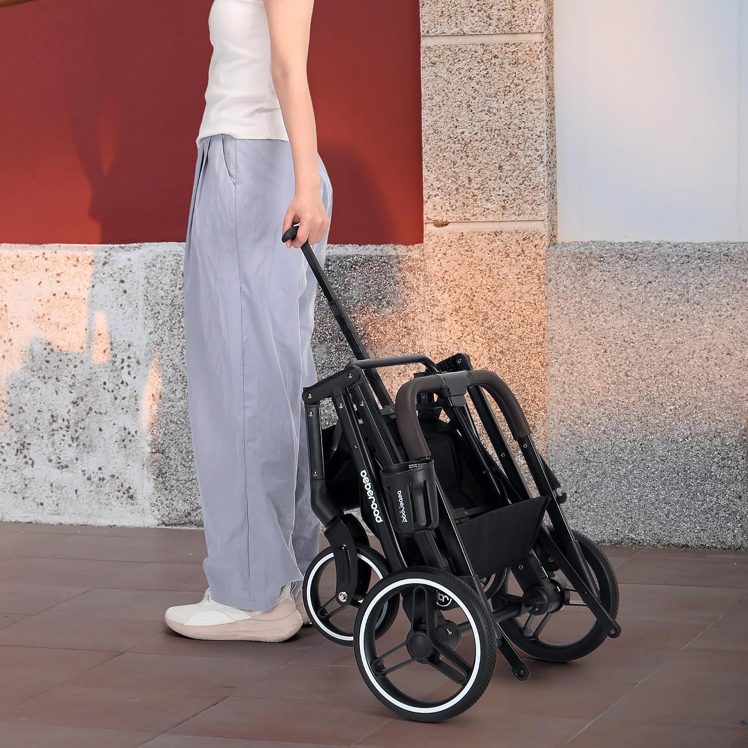 BEBEROAD X3 2 in 1 Pet Stroller for Medium or Two Small Dogs & Cats 4 Wheels Lightweight Foldable Carrier Dog Stroller with Waterproof Weather Cover Cup Holder,Storage Basket(Camel)
