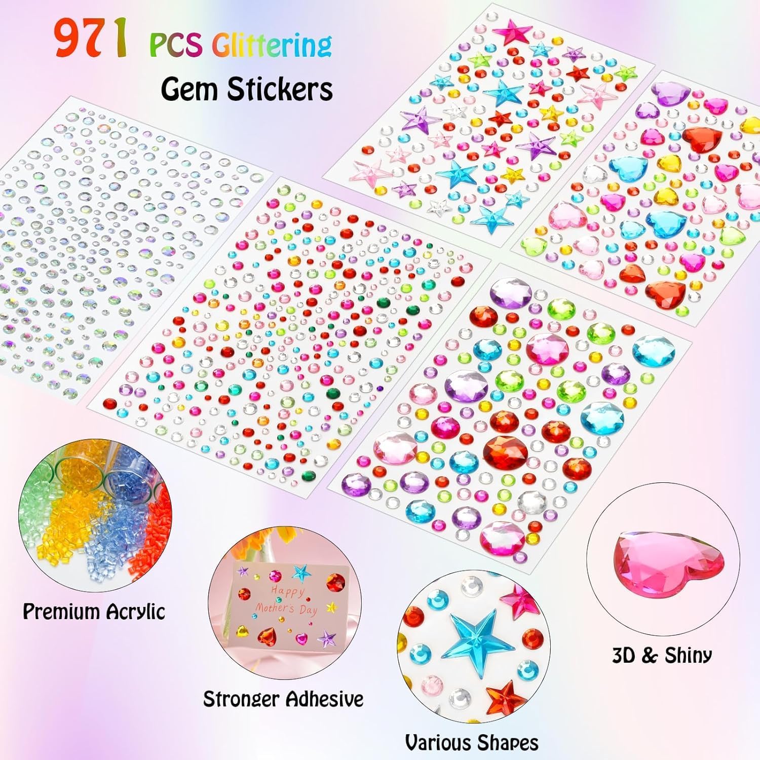 971pcs Gem Rhinestone Jewels for Crafts, Self Adhesive Acrylic Bling Stick On Gems, Heart Shaped Crystal Embellishments, DIY Art Scrapbooking Nail Face Makeup Decorative Supplies