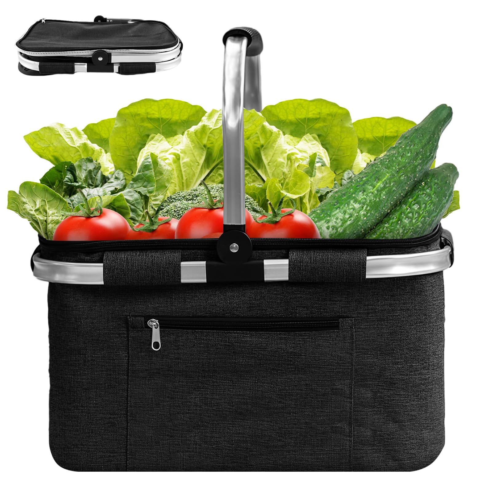 Panier Pique Nique Pliable, 34L Sac Isotherme Courses, Noir Panier Picnic pour Le Pique-Nique, Les Voyages
