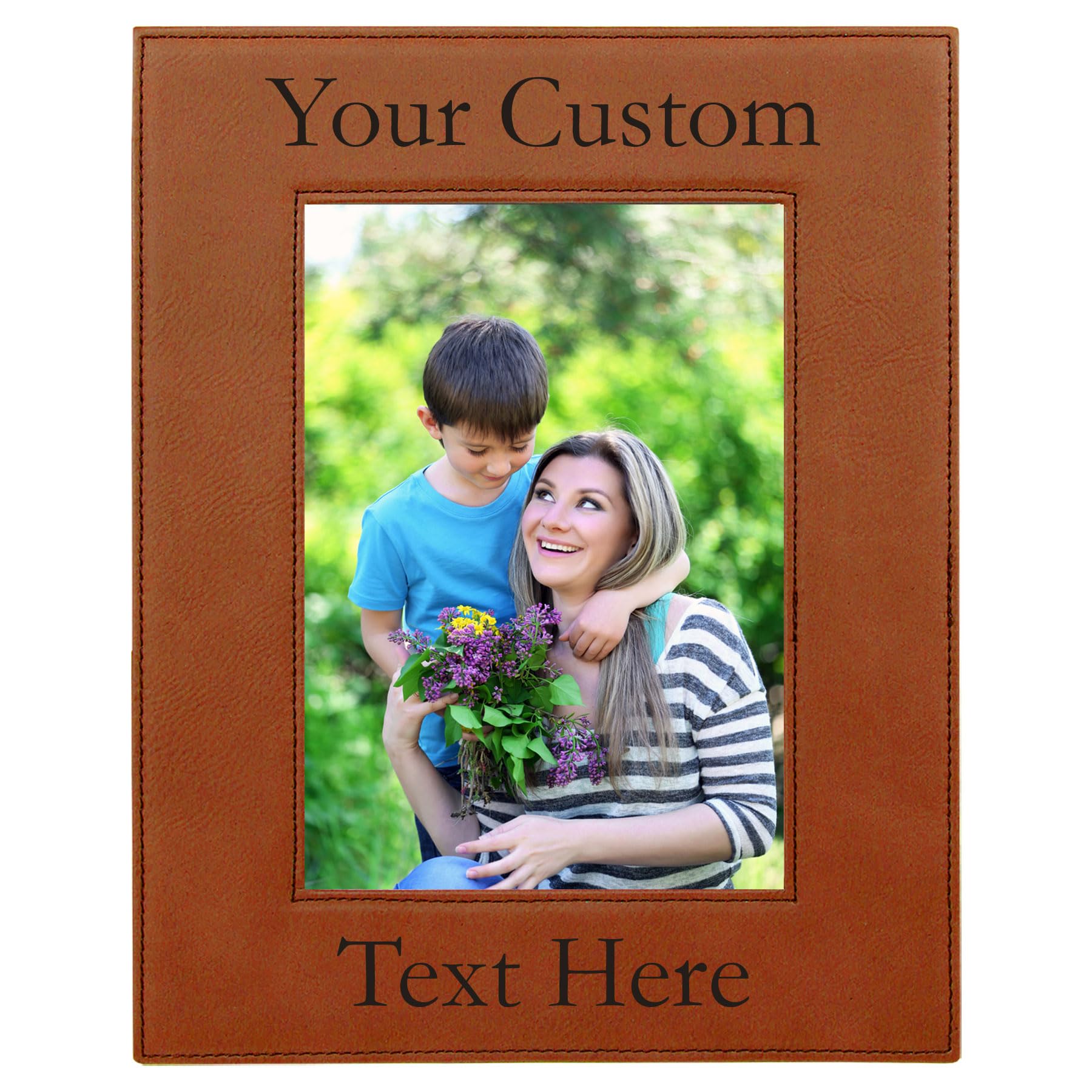 CustomGiftsNow Personalized Add Your Custom Text Engraved Leatherette Faux Leather Hanging/Tabletop Personalized Group Family Photo Picture Frame (
