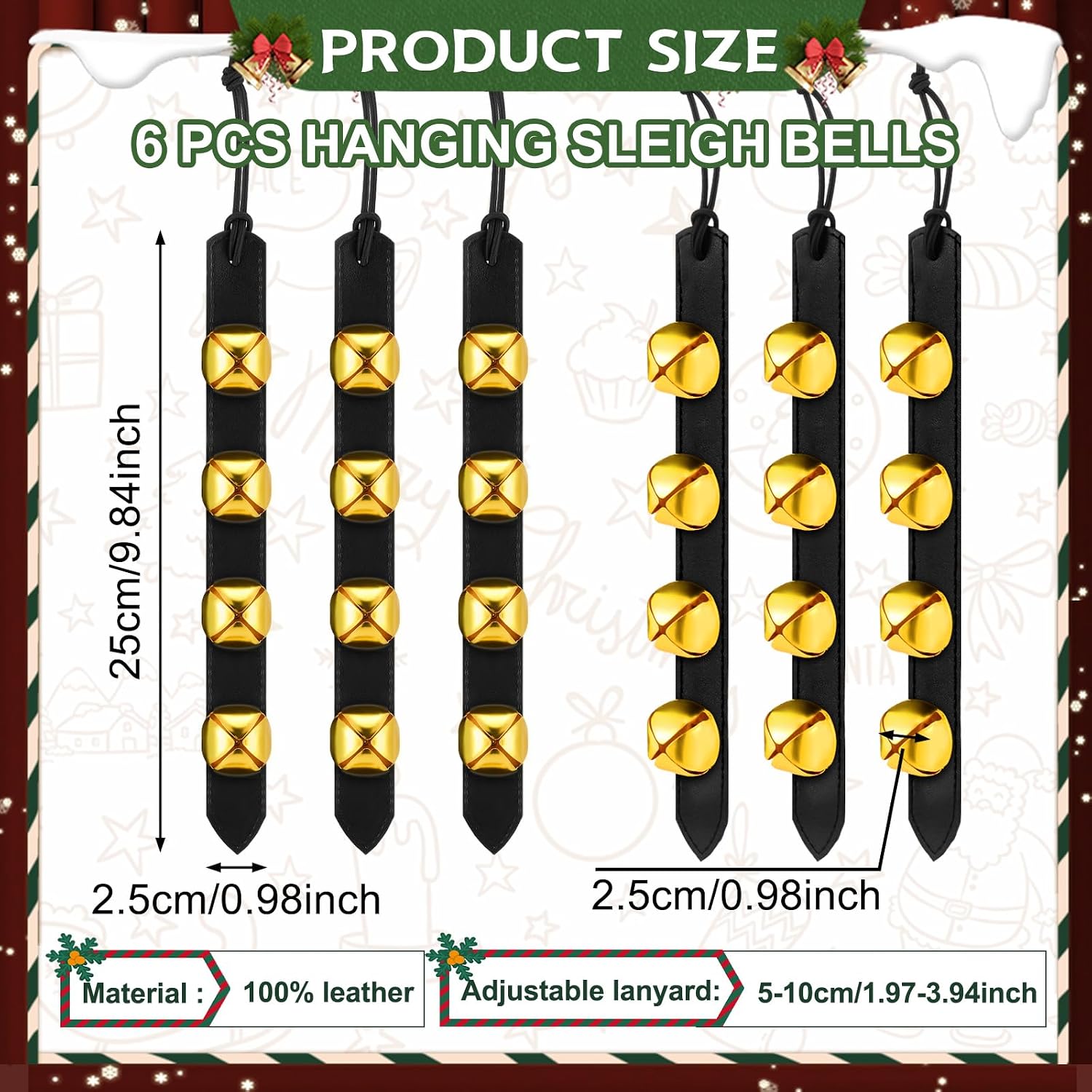 Liliful 6 Pcs Christmas Gold Sleigh Jingle Bells Door Hanger Leather Strap