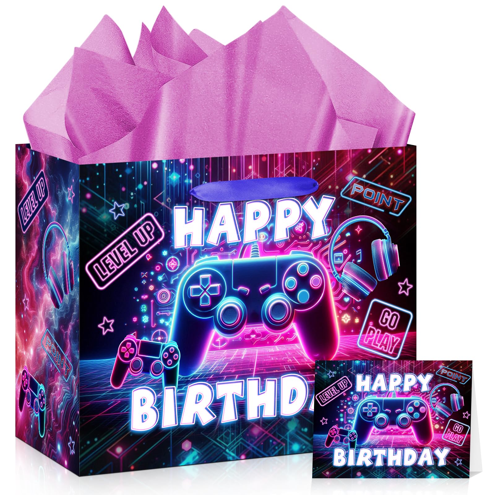Game Theme Birthday Gift Bags Video Game Gift Wrapping Paper Bag with Card and Tissue Paper Video Game Birthday Favor Bag for Boys Girls Kids Christmas Game Theme Birthday Party Decoration Supplies