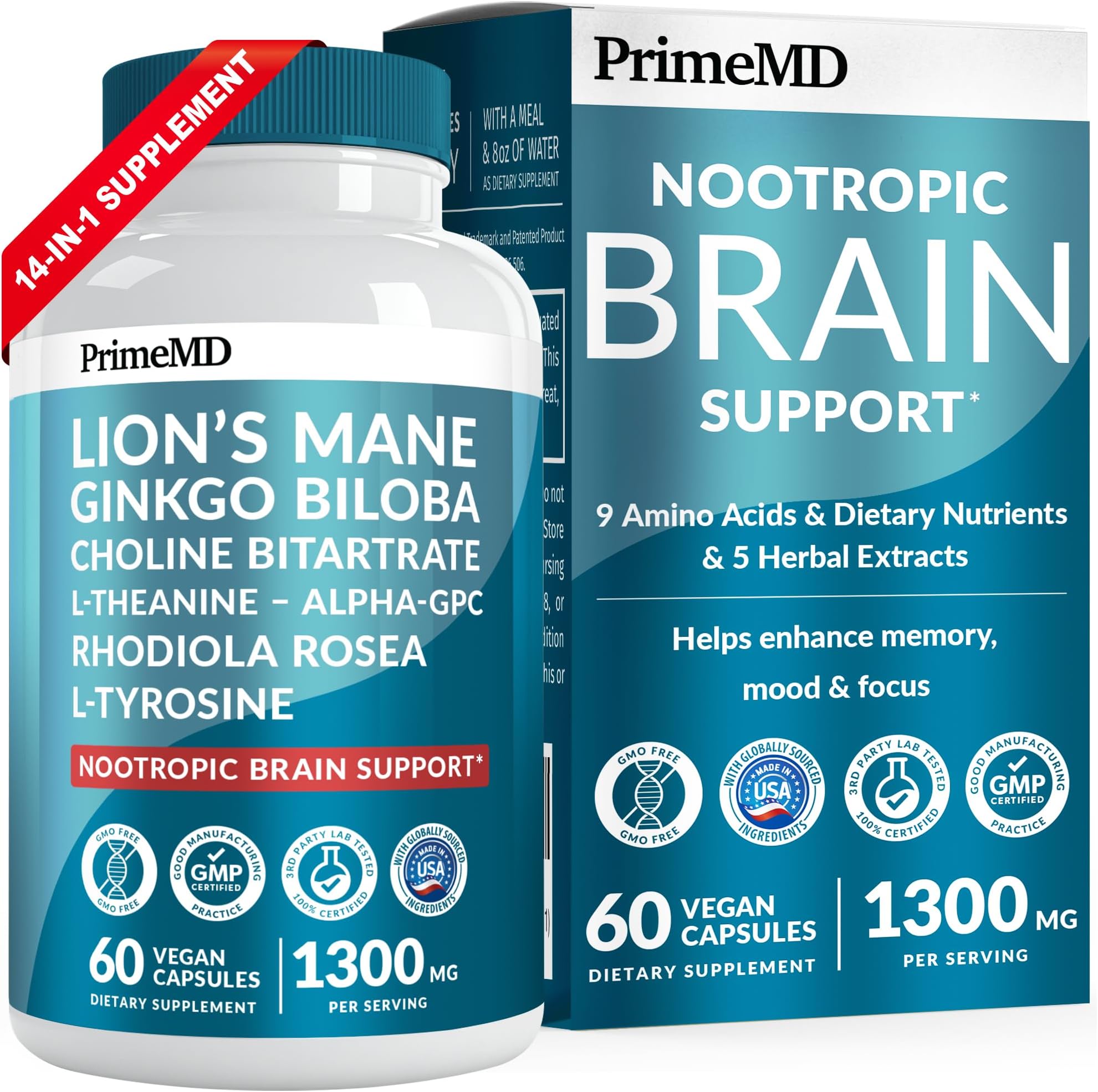 14-in-1 Lions Mane Supplement Capsules - Nootropic Brain Supplement with Ginkgo Biloba for Brain Support, Memory and Focus - Alpha GPC, L Theanine and Choline Supplements with 1300mg Per Serving