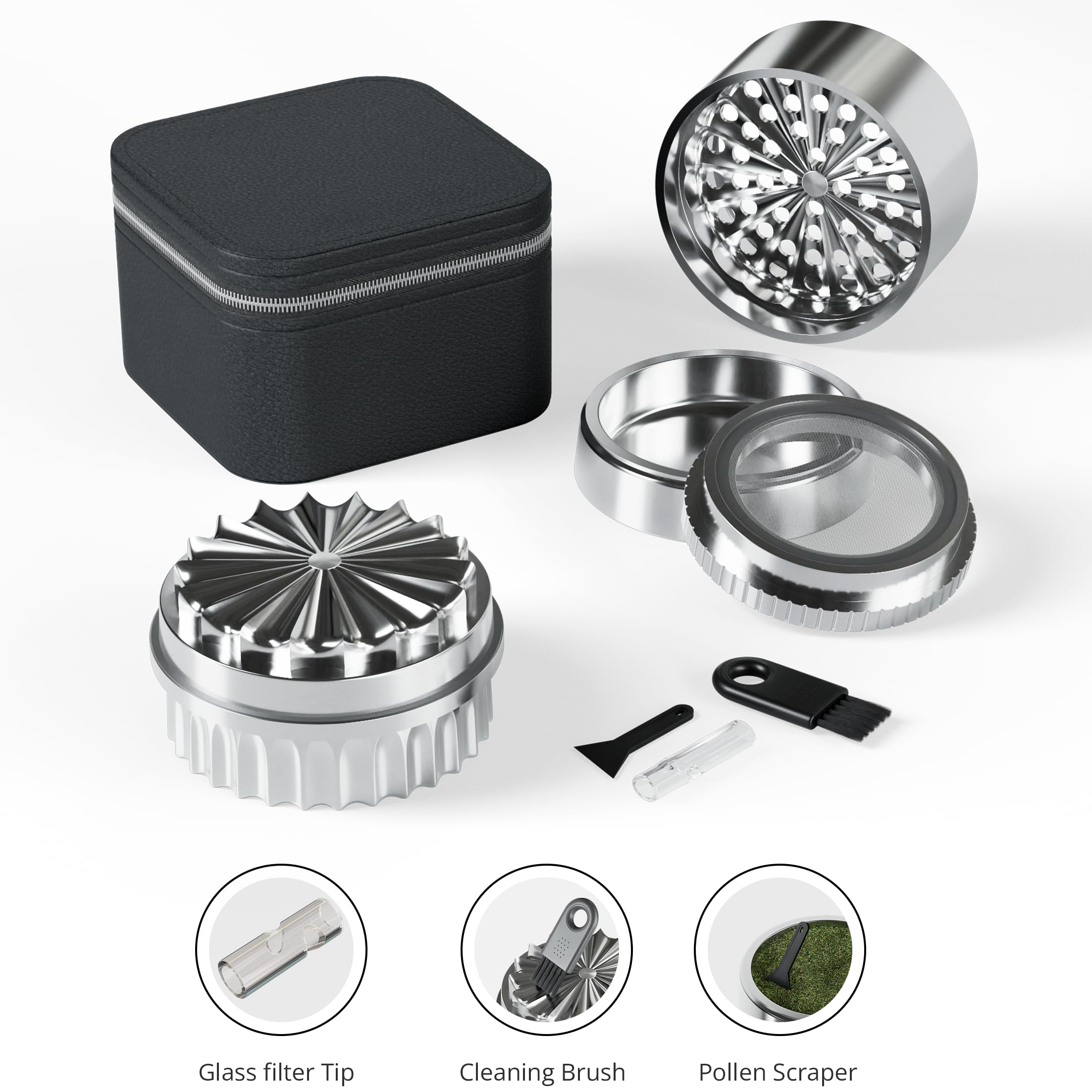 Molinillo de acero inoxidable sin dientes, 63 mm de diámetro, molinillo de hierbas de acero duradero y no se adhiere | 5 piezas con caja Stash integrada en la tapa, incluye funda protectora