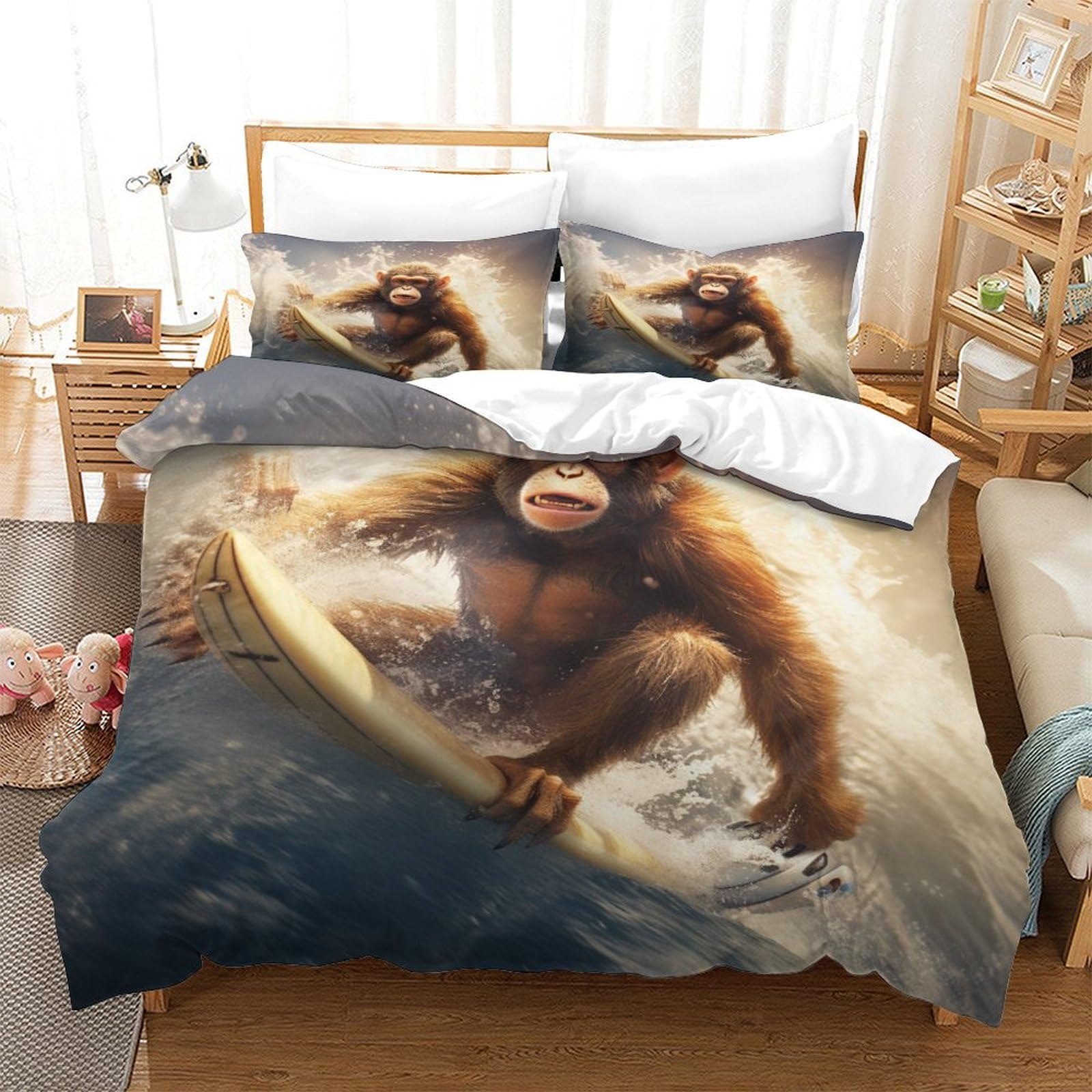 P1S9U7W5Y 3D Printed Surfing Monkey Duvet Cover Set 3 Pieces Microfiber Bedding Set for Teens Adults Bedroom Animal Theme Double（200x200cm）