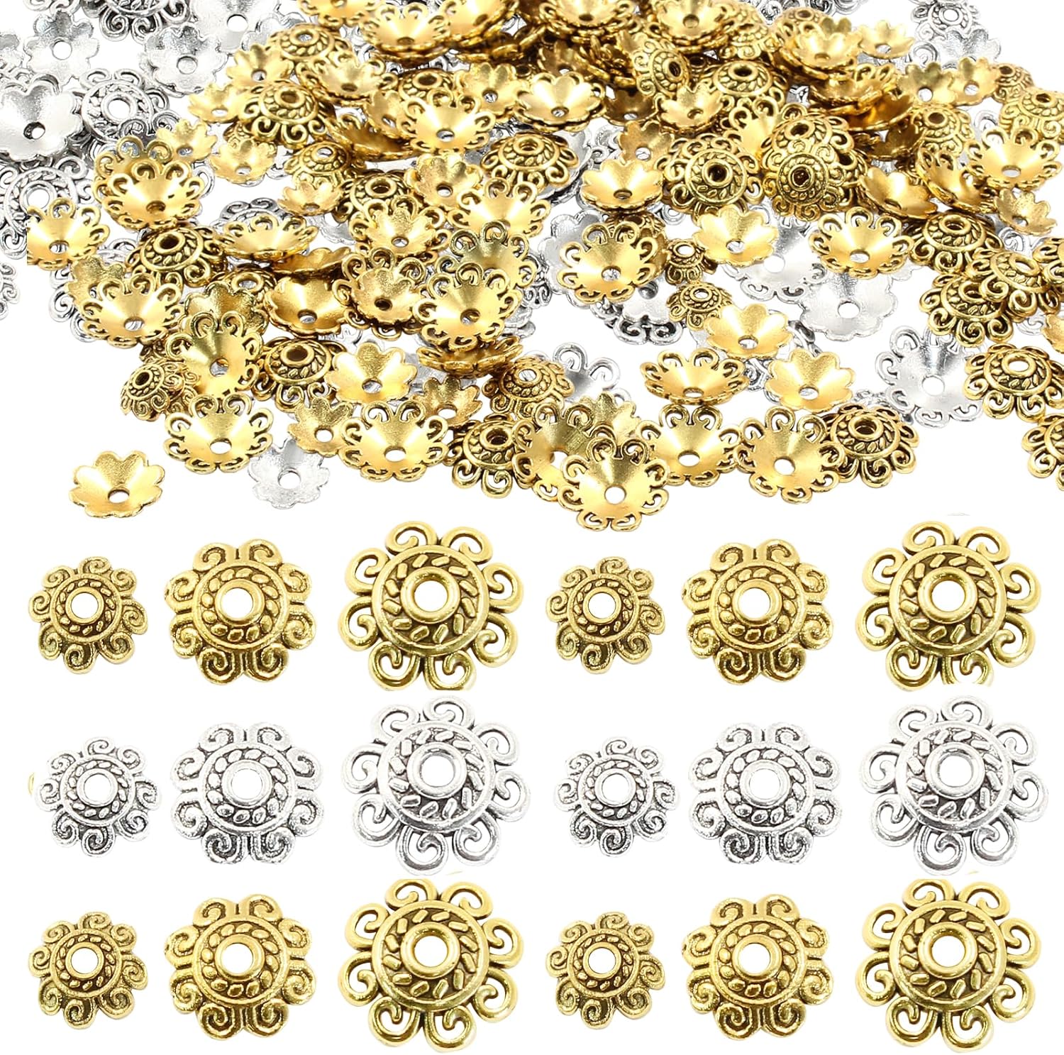 Hitefu 240pcs Delicate 8mm/10mm/12mm Spacer Beads Assortment, Bali Style Flower Bead Caps for Valentine's Day, Birthday & Wedding Jewelry DIY (Antique Gold & Tibetan Silver) - Image 2