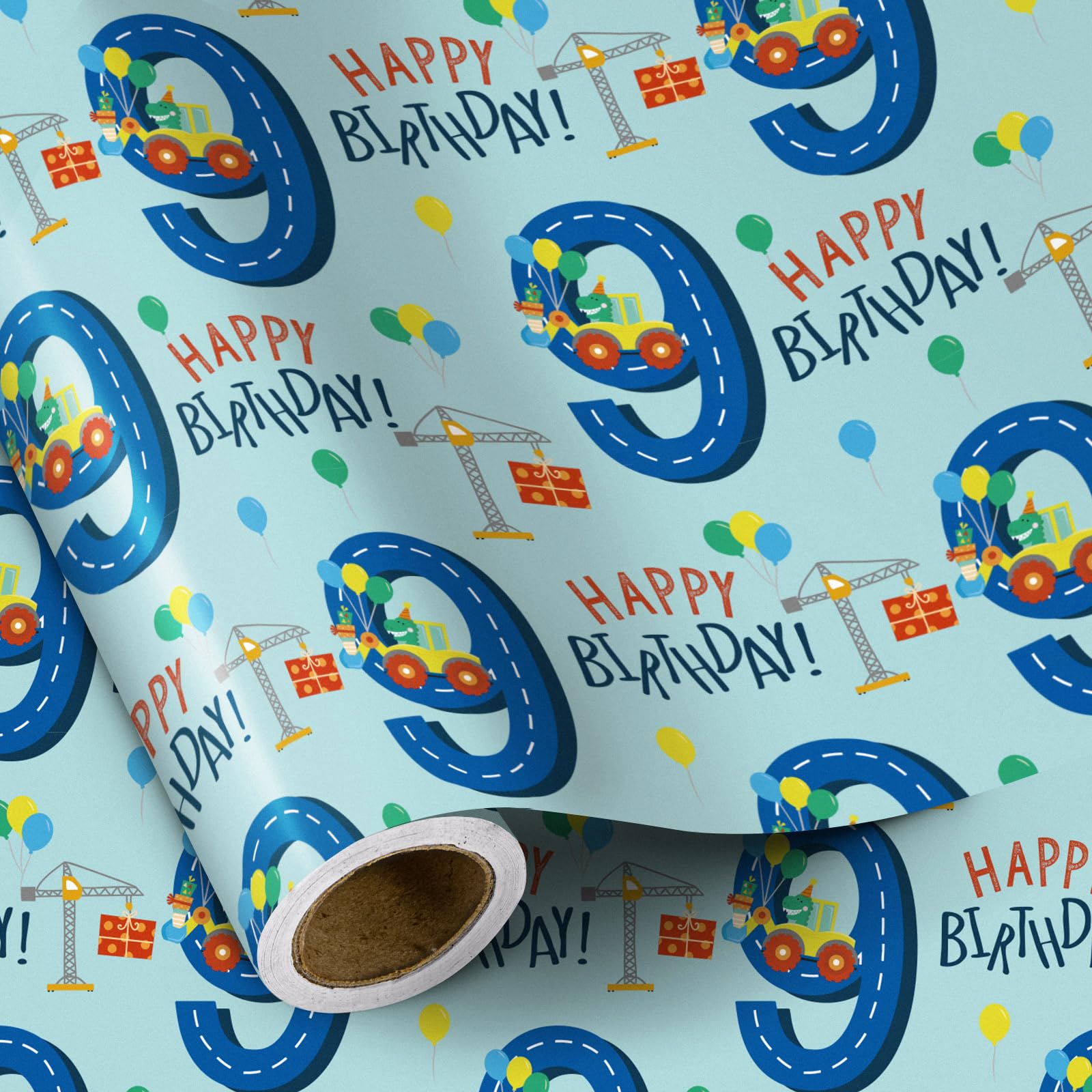 RUSPEPA Birthday Wrapping Paper for Boy - Mini Roll - Dinosaur Truck Happy Birthday Design - 43.2cm x 5m - 9 Year Old