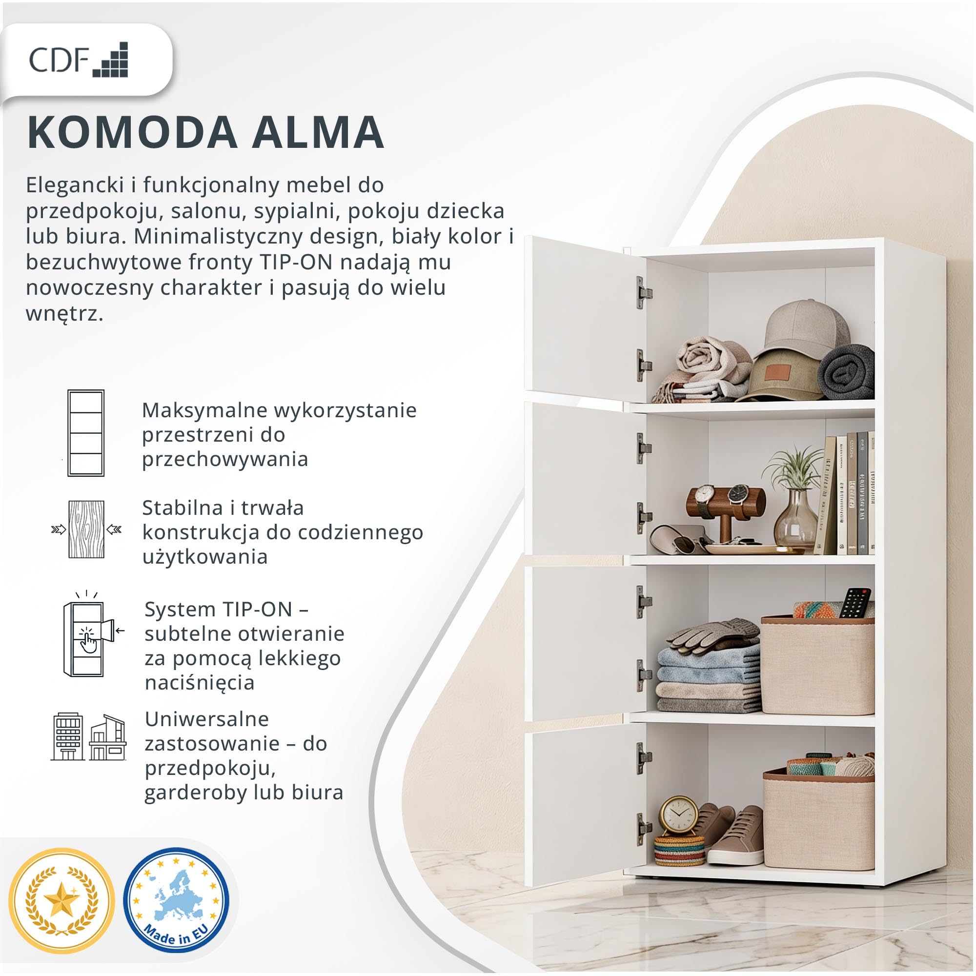 CDF Komoda Wysoka Szafka 4 Drzwi 50cm Półki Salon Sypialnia Przedpokój Biuro Korytarz Garderoba Wejście Gabinet Kredens Szafa Schowek Przechowywanie Wielofunkcyjna Kuchnia Spiżarnia Bez Uchwytów Biała