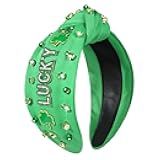 NVENF St.Patrick's Day Headband for Women Green Shamrock Knotted Headbands Rhinestone Crystal Lucky Leaf Embellished Wide Top Knot Headbands St.Patrick's Day Accessories Outfits Gifts (LUCKY A)