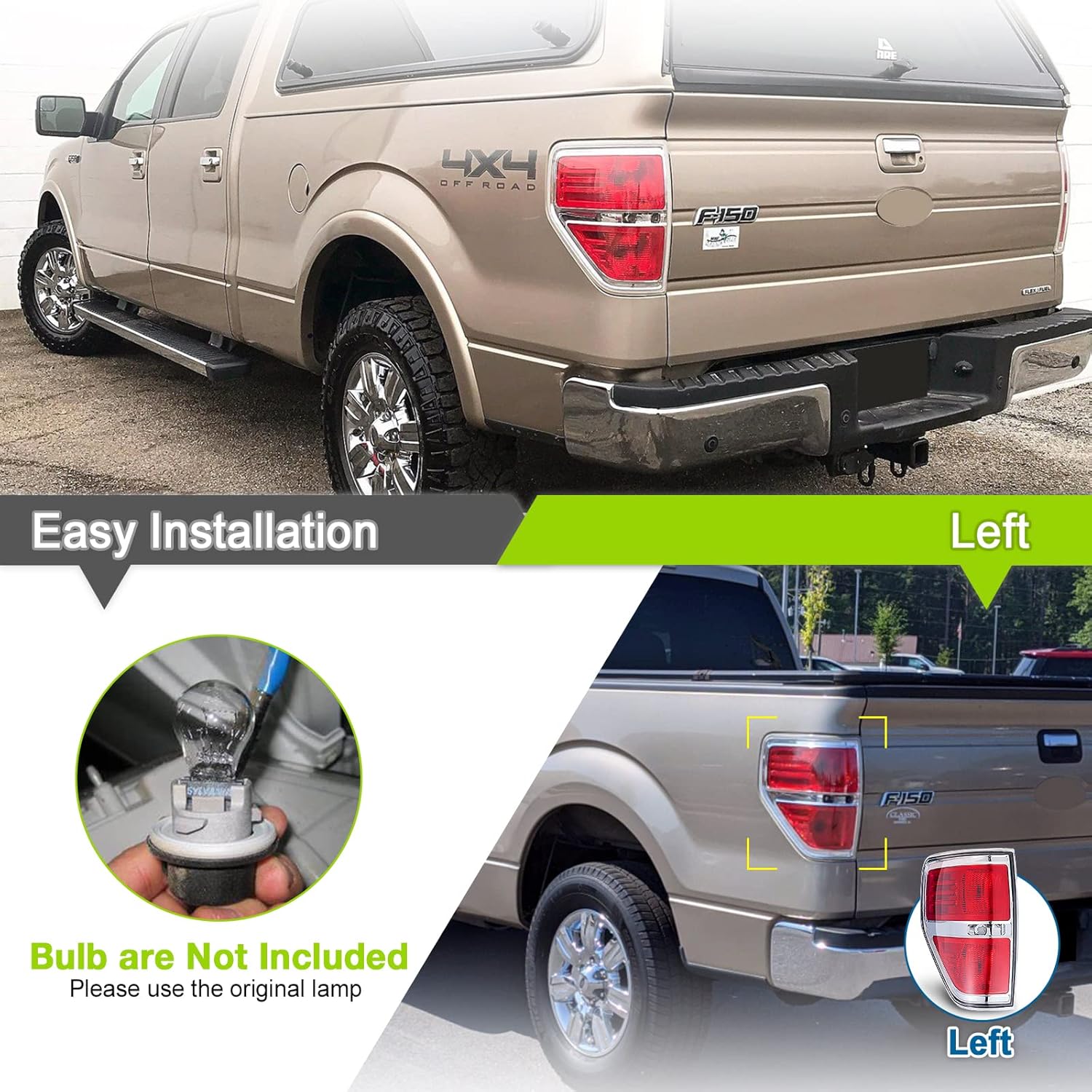 Ford F150 Driver Side Tail Light fit for 2009 2010 2011 2012 2013 2014 F150 Pickup Truck TailLight Assembly Styleside Replacement