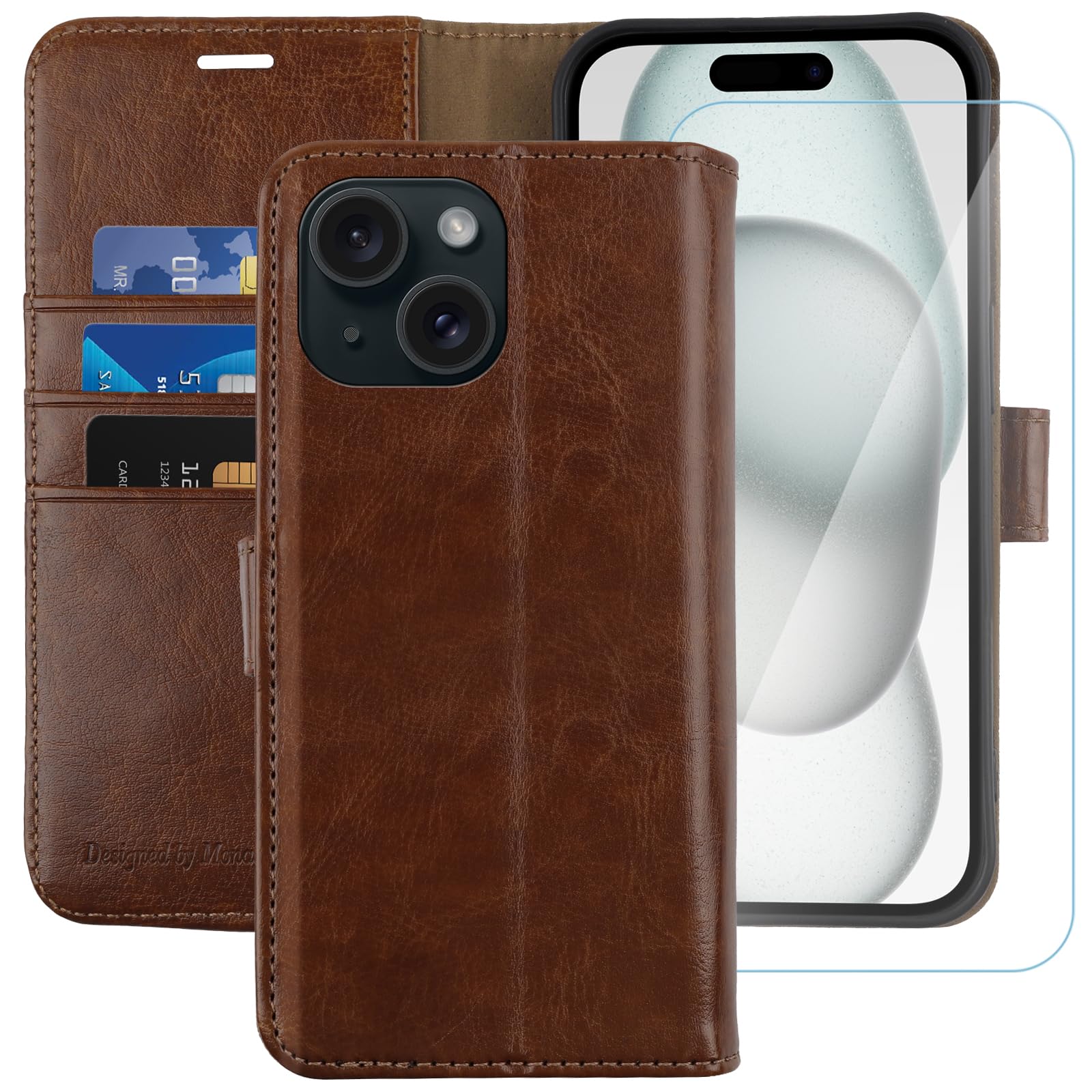 MONASAY Wallet Case Compatible for iPhone 14 Plus/15 Plus 5G, 6.7-inch [Glass Screen Protector Included] [RFID Blocking] Flip Folio Leather Cell Phone