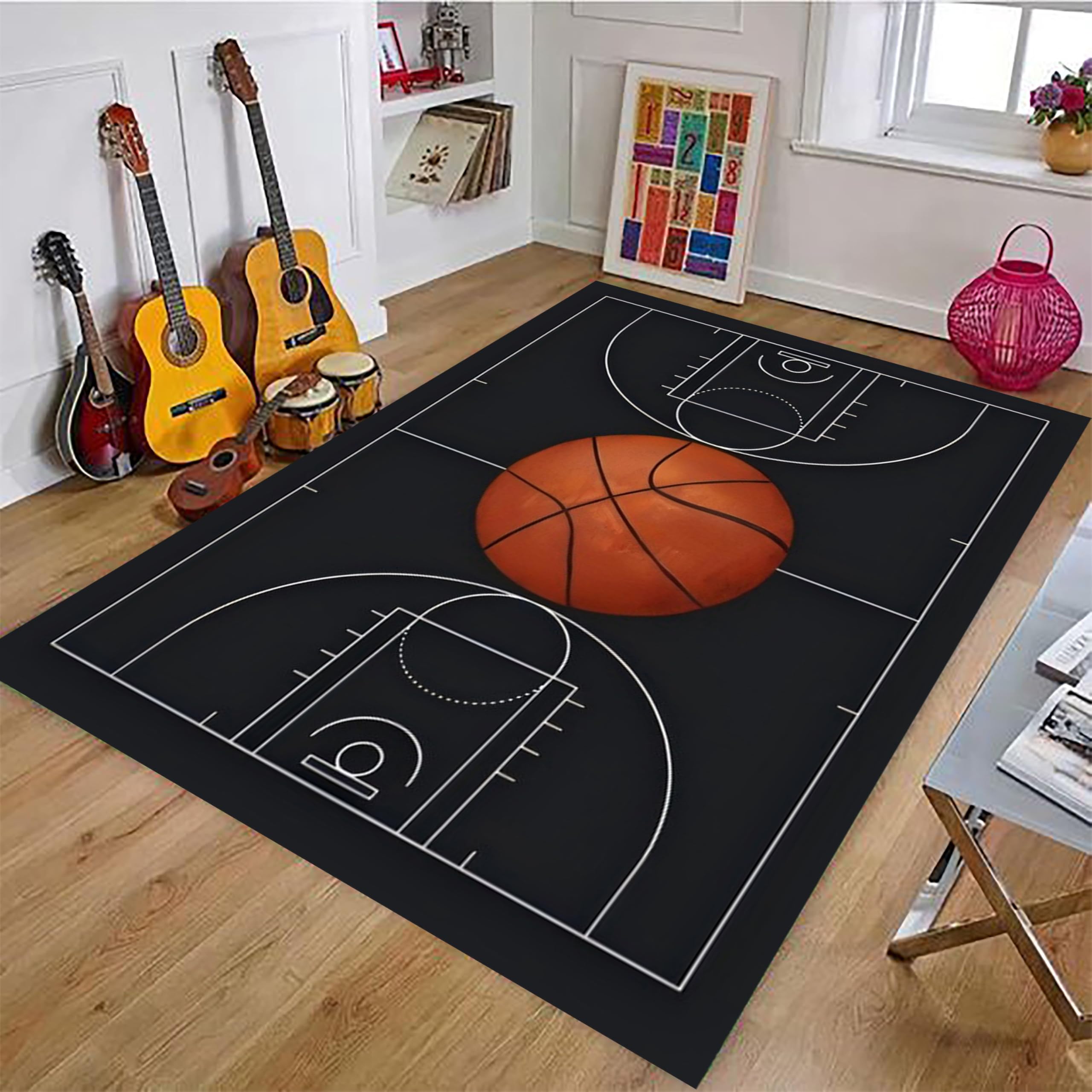 Basketball Teppich 70x140cm für Kinderzimmer & Wohnzimmer – Sportlicher Rutschfester Spielteppich in Schwarz ，Leicht zu Reinigen ， Ideal für Spielzimmer & Eingangsbereich