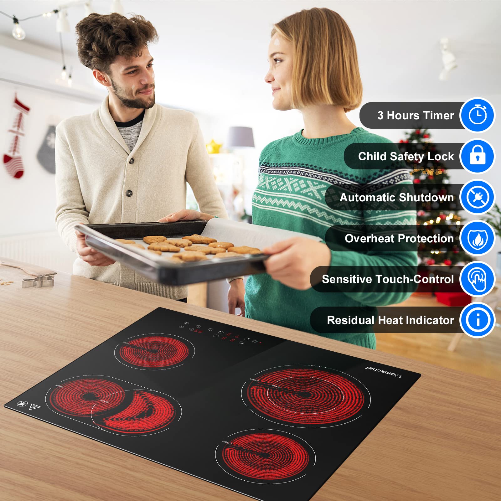 AMZCHEF Piano cottura in vetroceramica, 6600 W elettrico con 4 fuochi, 9 livelli di potenza, doppia zona, zona tostatura, funzione di pausa, controllo touch scorrevole, blocco bambini