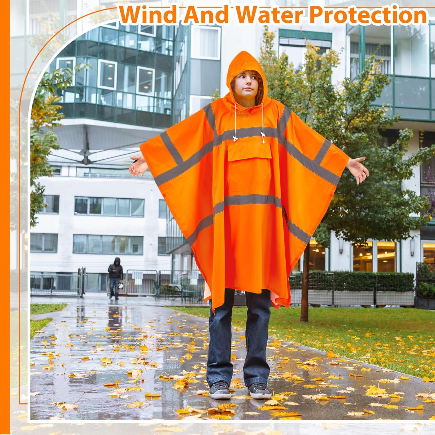 Coume High Visibility Rain Poncho with Large Pocket 50 x 80 Inch Reflective Rain Coat Safety Jacket for Outdoor Worker (Orange) - Image 5