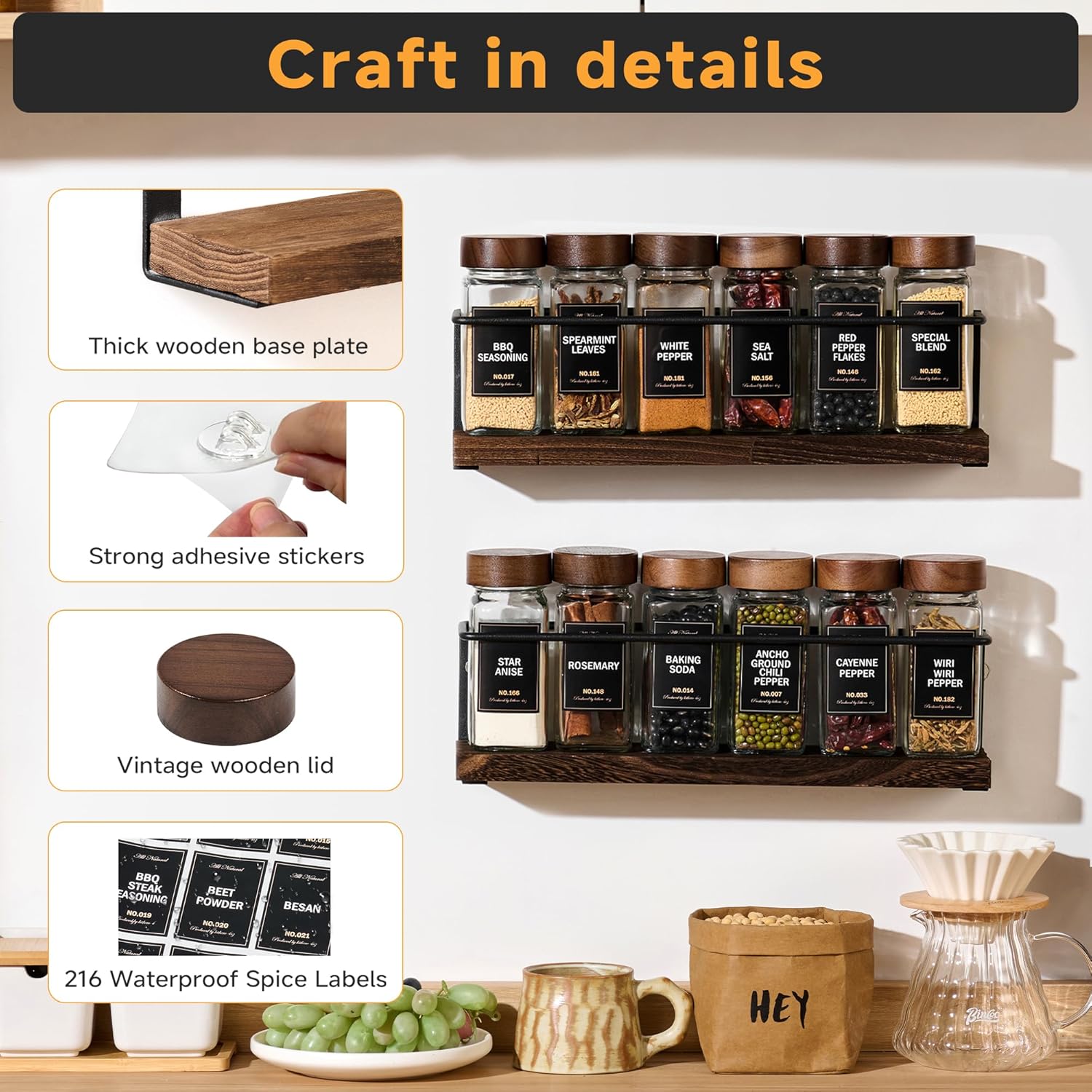 2-Tier Wall Mount Spice Rack Organizer with 12 Glass Jars, 216 Labels & Funnel - Screw/Adhesive Mount, Black Metal & Wood Spice Storage for Kitchen Pantry Cabinet, 11.6”L x 2.4”W x 3.2”H