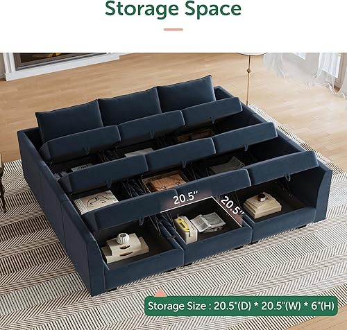 Miniatura 3 de HONBAY Sofá cama seccional de terciopelo con almacenamiento modular para sala de estar, azul oscuro