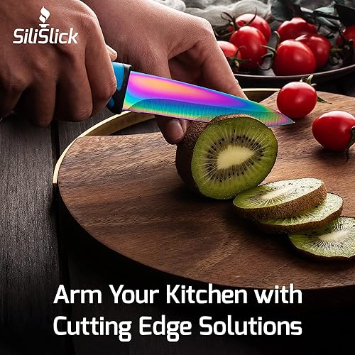 Miniatura 8 de SiliSlick Juego de cuchillos para carne de acero inoxidable, cuchillos de cocina coloridos con revestimiento de titanio con borde recto, suave y