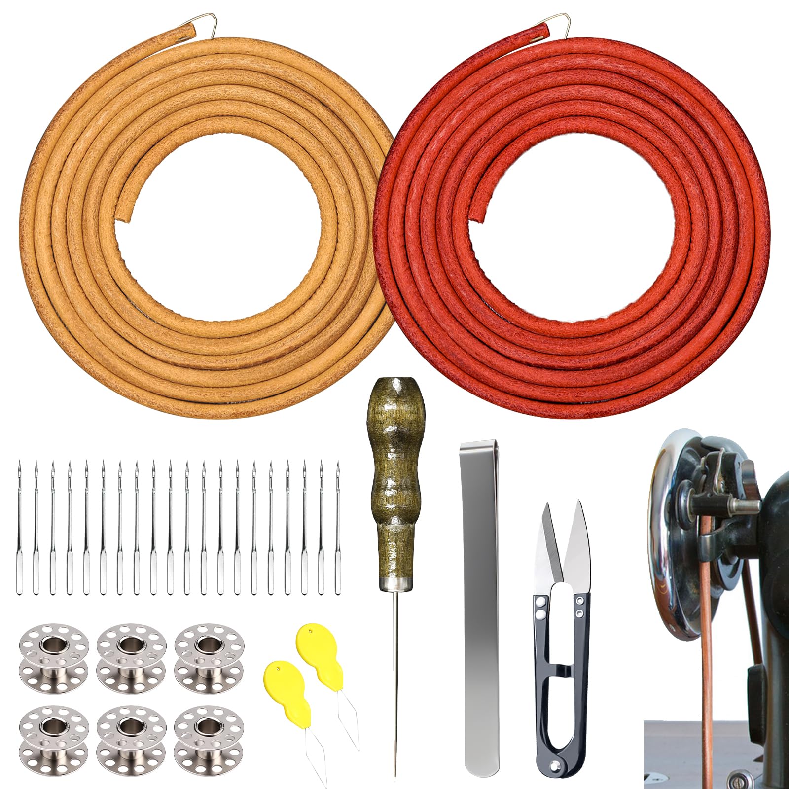 2 PCS Treadle Sewing Machine Belt, 72 Inch 3/16" Replacement Leather Belt with Hook for Singer/Jones Sewing Machine - 31 PCS Accessories Included