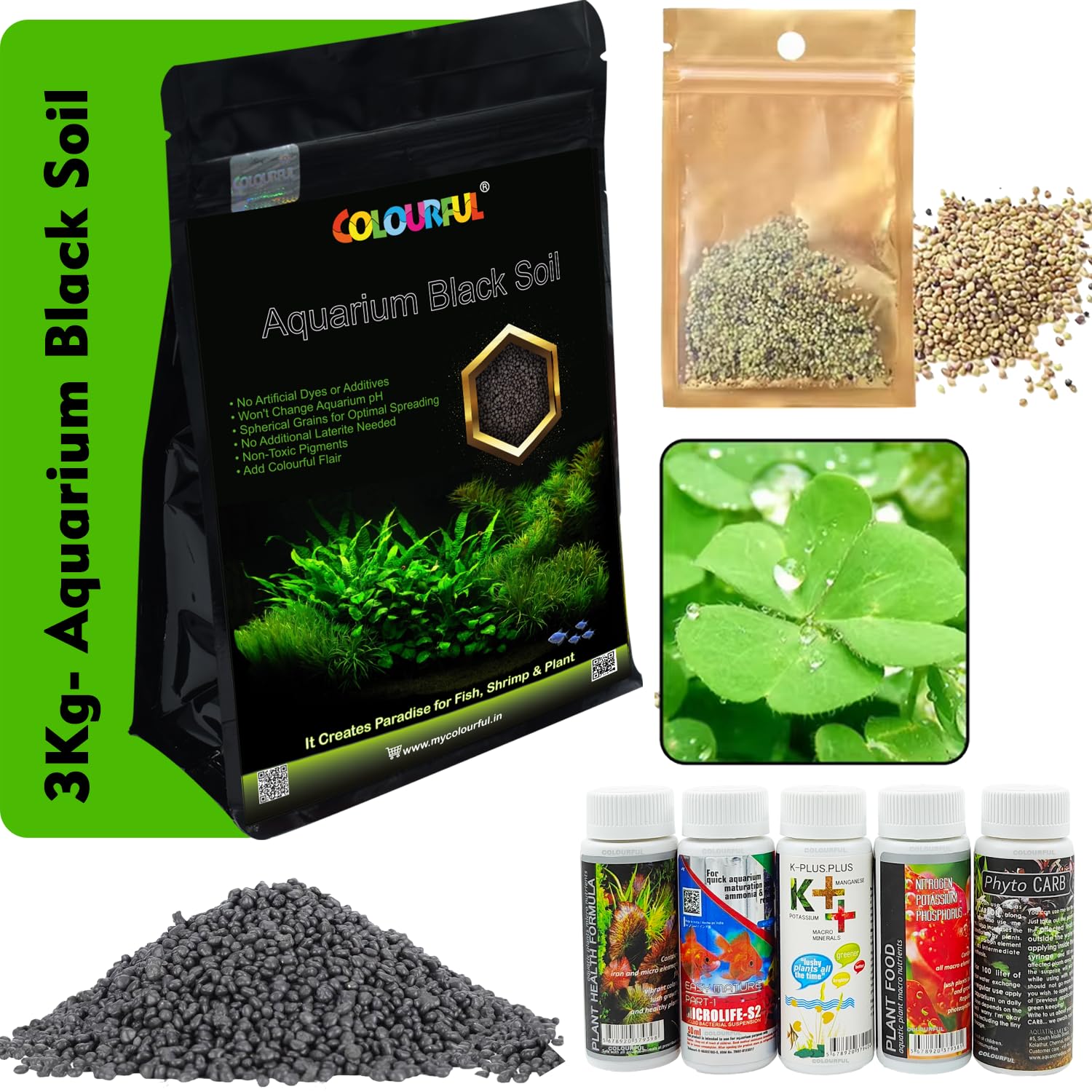 COLOURFUL - Planted Aquarium Black Soil Substrate Aqua Soil for Fish Tank | Live Planted Aquarium | Seeds and Plant Fertilizers (3Kg Soil + Lucky Plant Seeds + 5 in1 Plant Fertilizers Medicine) (B0D6Z2X2KJ) Amazon Price History, Amazon Price Tracker