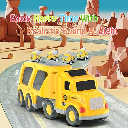 Miniatura 4 de Vehículos de juguete para niños pequeños de 3, 4 y 5 años, camión de transporte de construcción con 4 unidades de vehículos pequeños de construcción