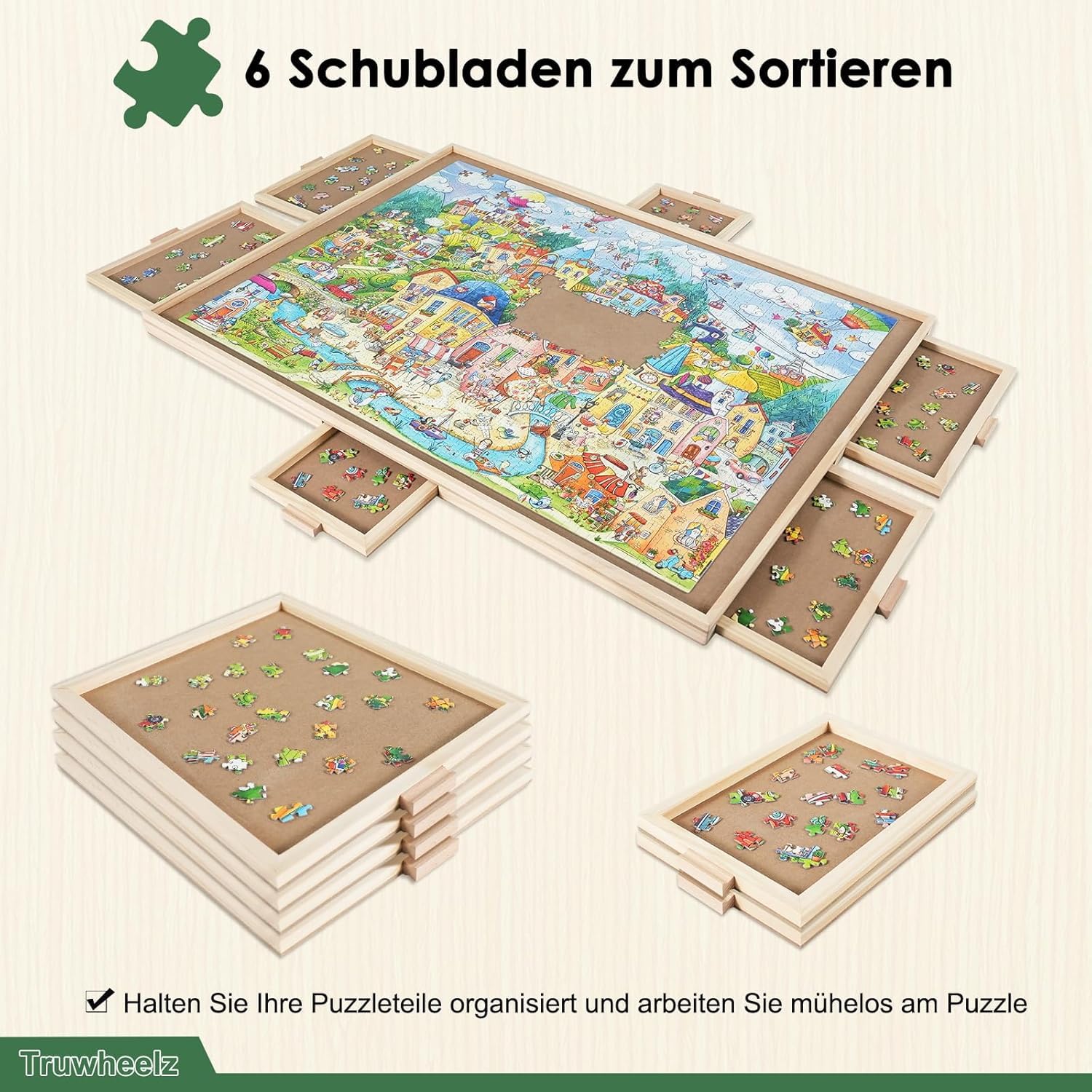 TTruwheelz Planche à Puzzle rotative 1000 pièces avec 6 tiroirs et Couvercle, Table de Puzzle Portable en Bois 76,6 x 57 cm