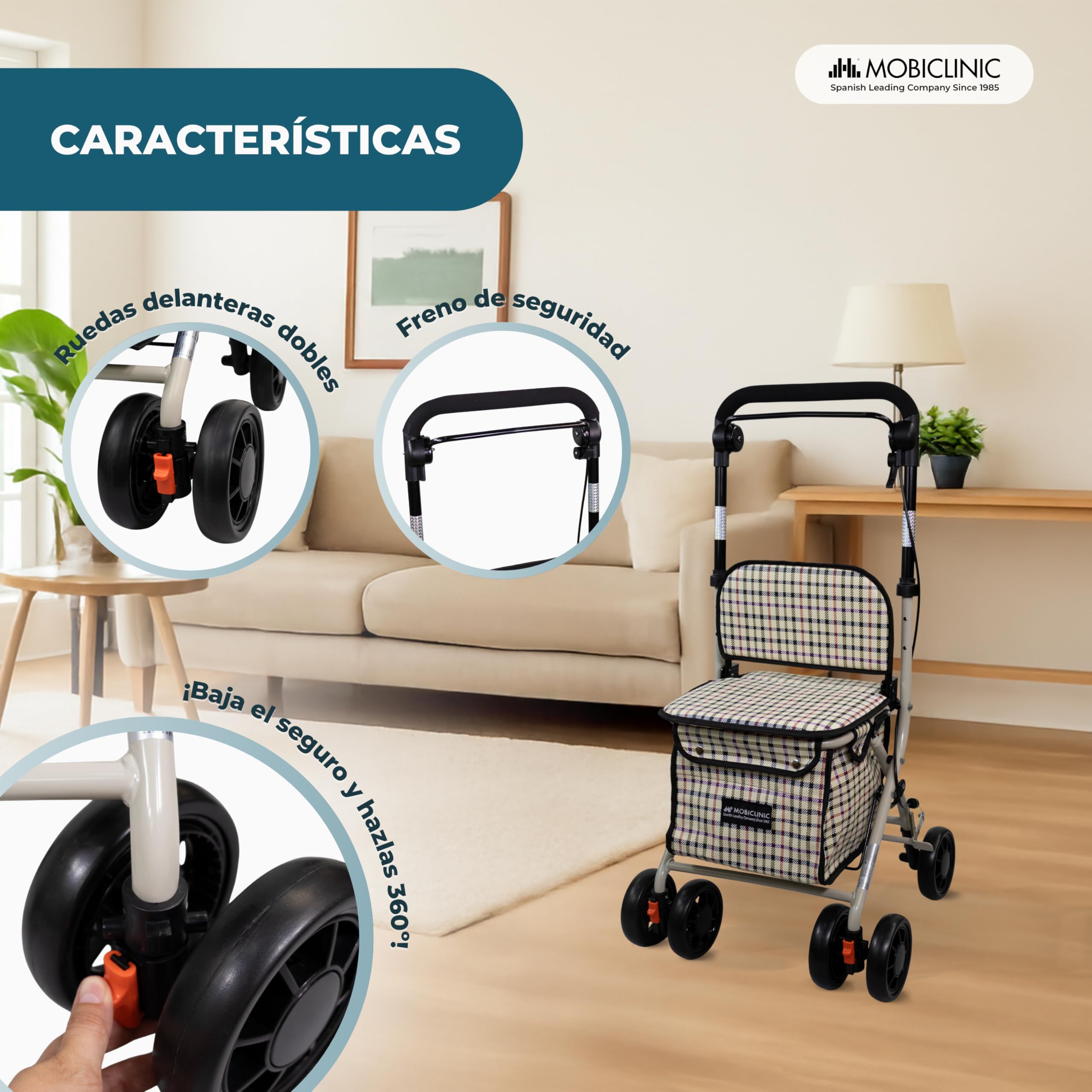 Mobiclinic Andador Plegable Carro de la Compra con Asiento Coliseo Acero Ruedas 360º
