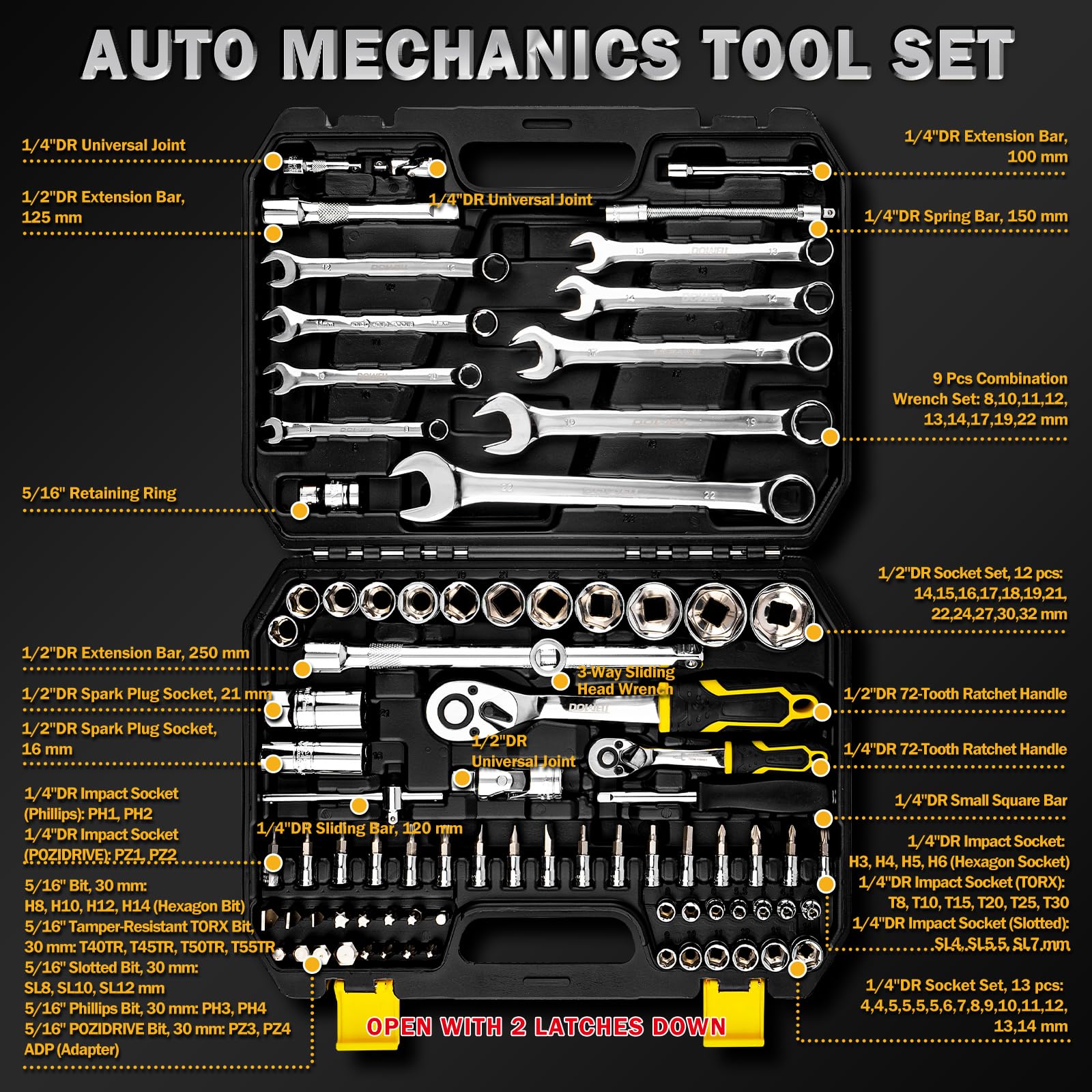 DOWELL 82-Piece Professional Socket & Bit Set | 1/4" & 1/2" Drive Ratchet Set | 72-Dent Ratchet Maniglia | Torx resistente alle manovre & Impact Hex Set | Set di chiavi combinate