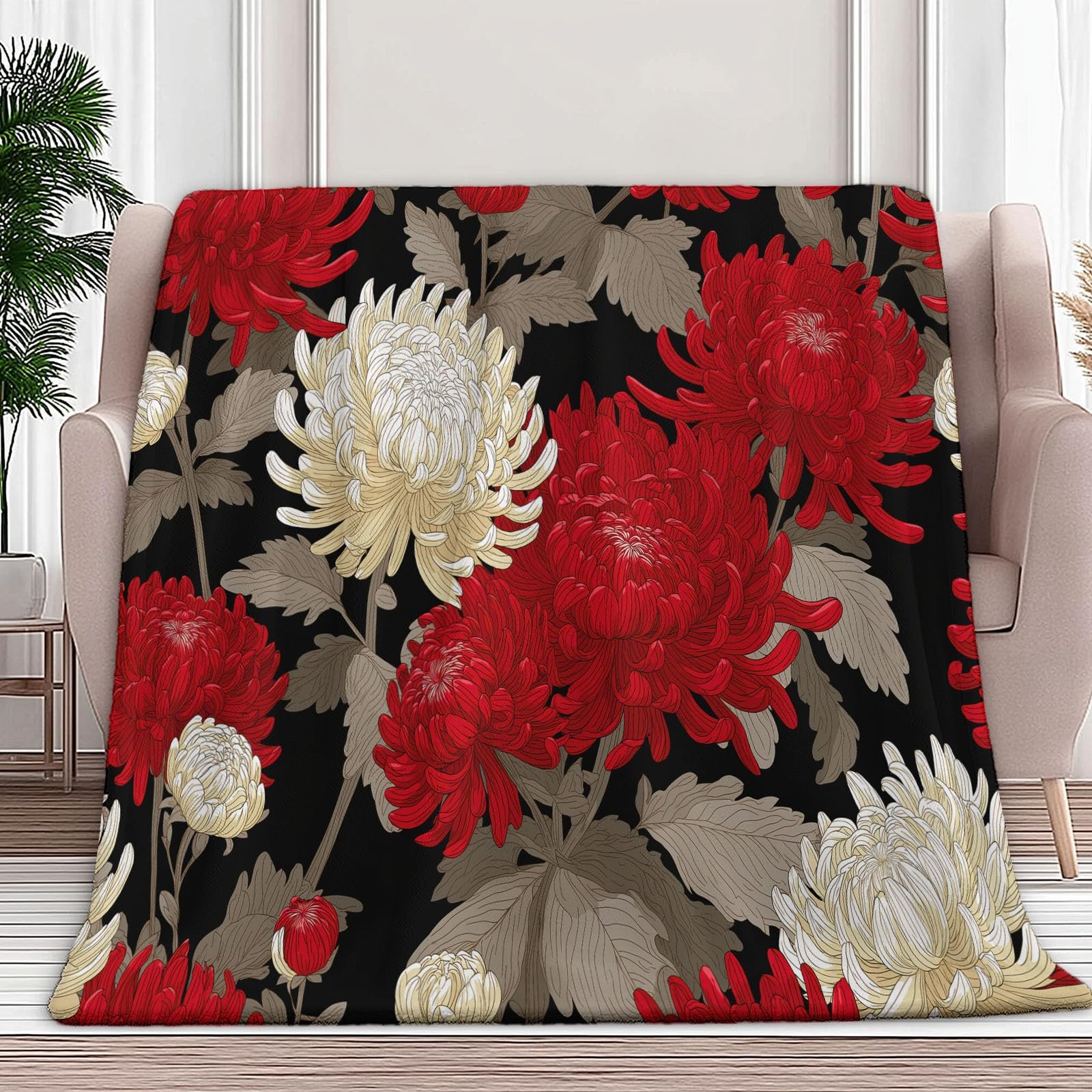 Couverture en molleton flanelle chrysanthème japonais rouge 200x200cm pour lit et canapé