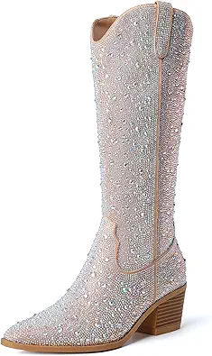 Knee High Cowboy Boots for Women Embroidered Western Cowgirl Boots for Womens Mid Calf Chunky Heel Pull on Stitching Zipper Pointed Toe Mid Low Heel Boots
