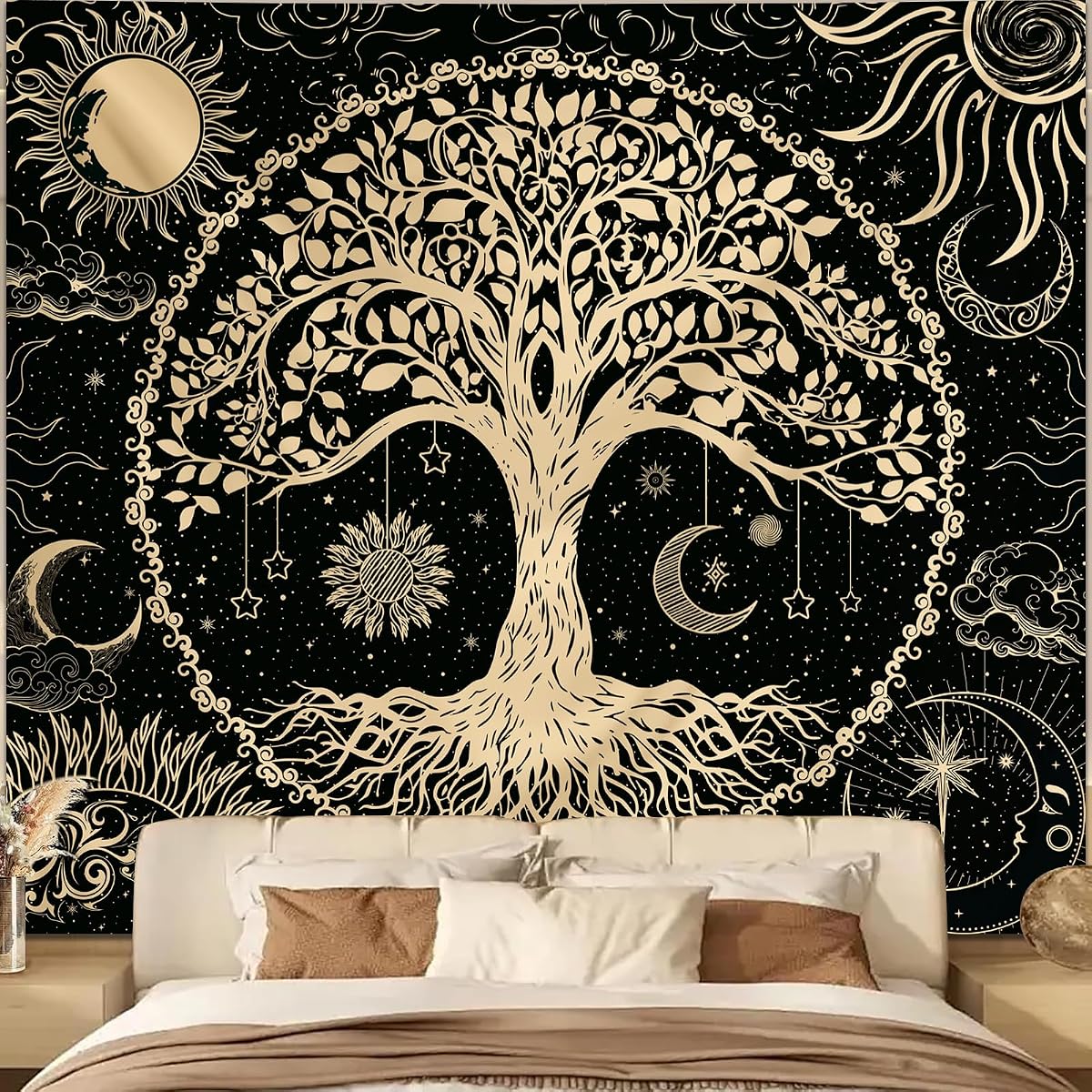 Avinyl Tree of Life Tapestry Wall Hanging, Large Black Sun Moon Tapestries | Black Gold Boho Mandala Bedroom Tapestry, Hippie Nature Dorm Decor, Hippy Witchy Backdrop for Living Room Camping (51"X60")