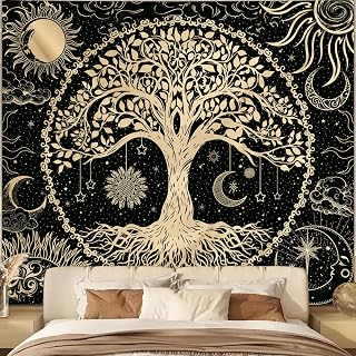 Avinyl Black Gold Tree of Life Sun Moon Wall Tapestry - Hippie Aesthetic Bedroom Dorm Living Room Hanging 51x60in