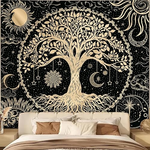 Avinyl Tapiz de pared de árbol de la vida para dormitorio, tapiz hippie con sol y luna, estético, negro y dorado, decoración del hogar para