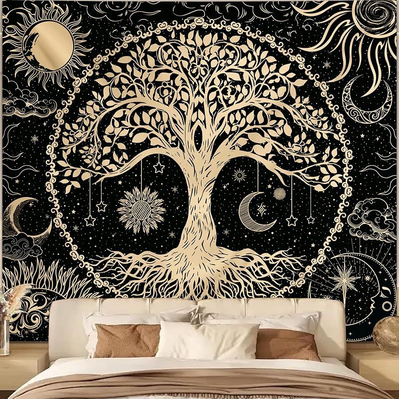 Avinyl Tree of Life Tapestry Wall Hanging, Large Black Sun Moon Tapestries | Black Gold Boho Mandala Bedroom Tapestry, Hippie Nature Dorm Decor, Hippy Witchy Backdrop for Living Room Camping (51"X60")