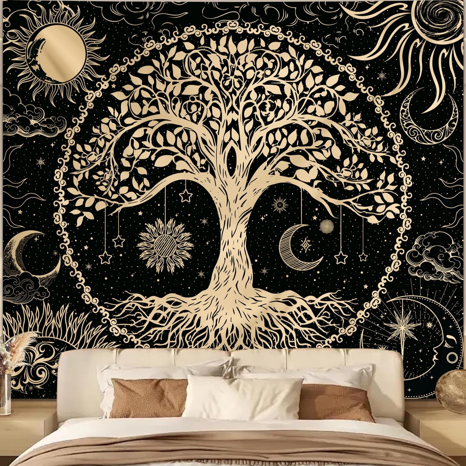 Avinyl Tree of Life Wall Tapestry for Bedroom, Sun and Moon Hippie Tapestries Aesthetic, Black and Gold Wall Hanging Home Decor for Dorm Living Room Office 51in x 60in