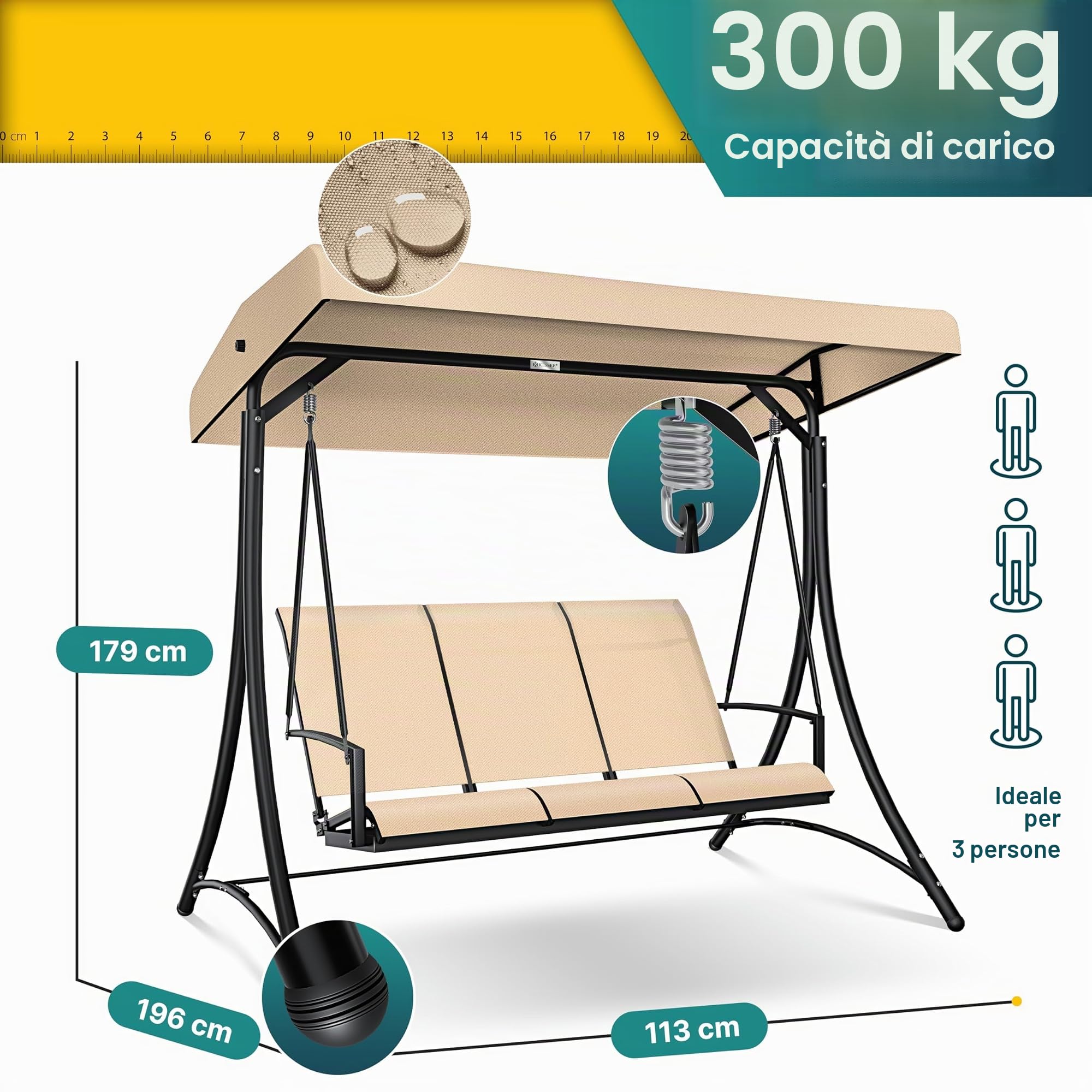 KESSER® Dondolo Hollywood con tettuccio parasole, 3 posti, portata 300 kg, sdraio da giardino antiscivolo, panca a dondolo, impermeabile, per esterni e interni (beige)