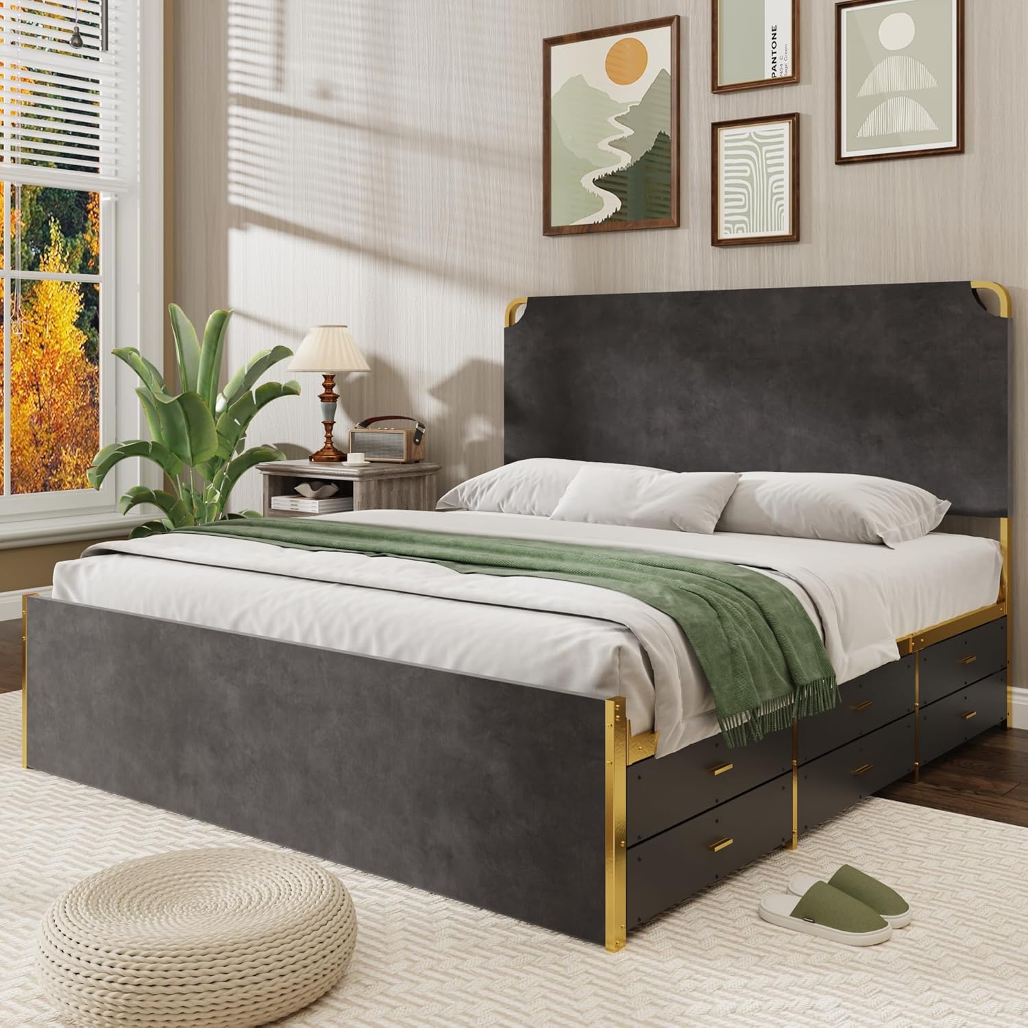 SAMTRA King Bed Frame with 12 Fabric Drawers in a bedroom setting