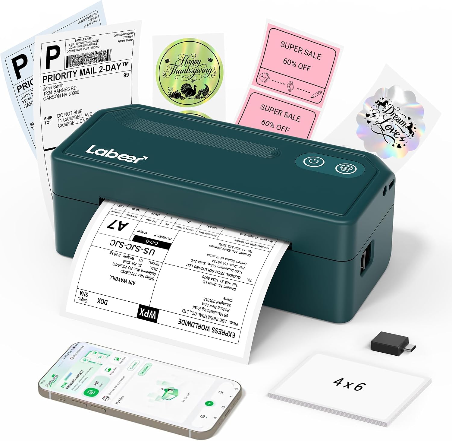 Labeer Bluetooth Thermal Shipping Label Printer, Wireless 4x6 Printer Green