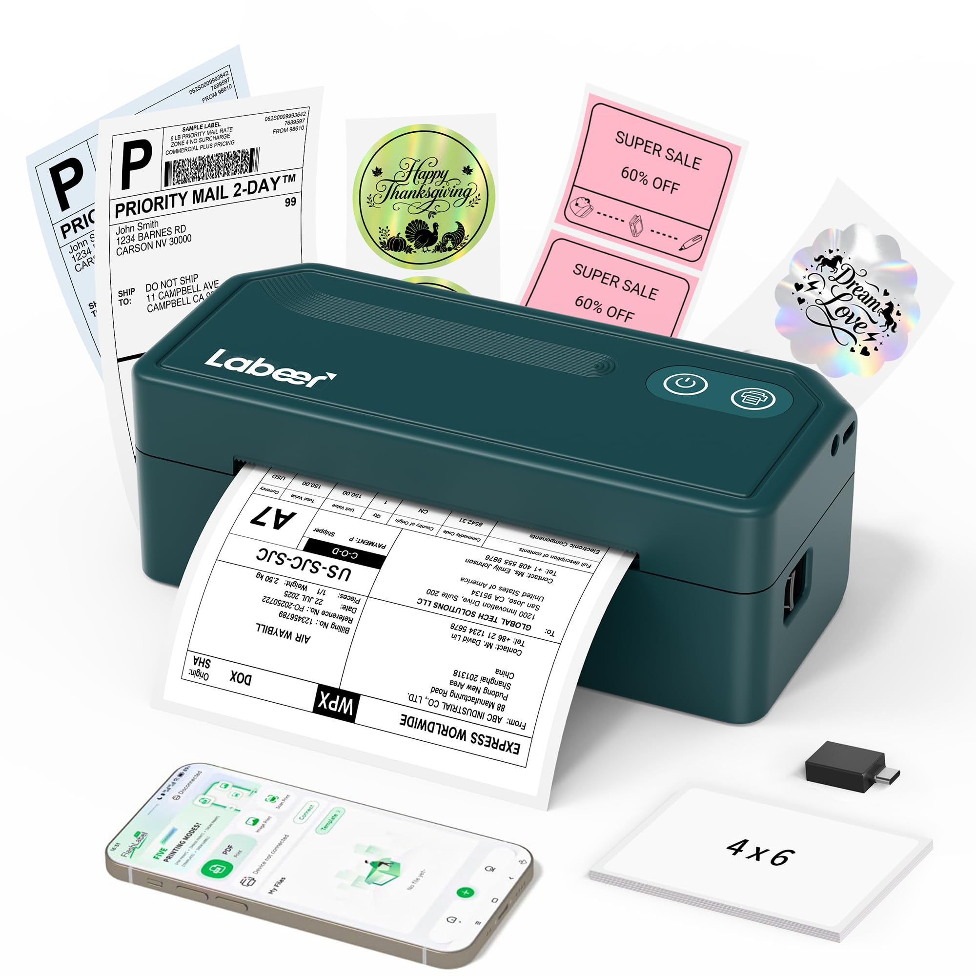 Labeer - Bluetooth Thermo-Etikettendrucker, kabelloser Etikettendrucker 4x6 für Versandpakete, Büro für kleine Unternehmen oder Zuhause, kompatibel mit Windows/Mac/iPhone/Amazon/Ebay