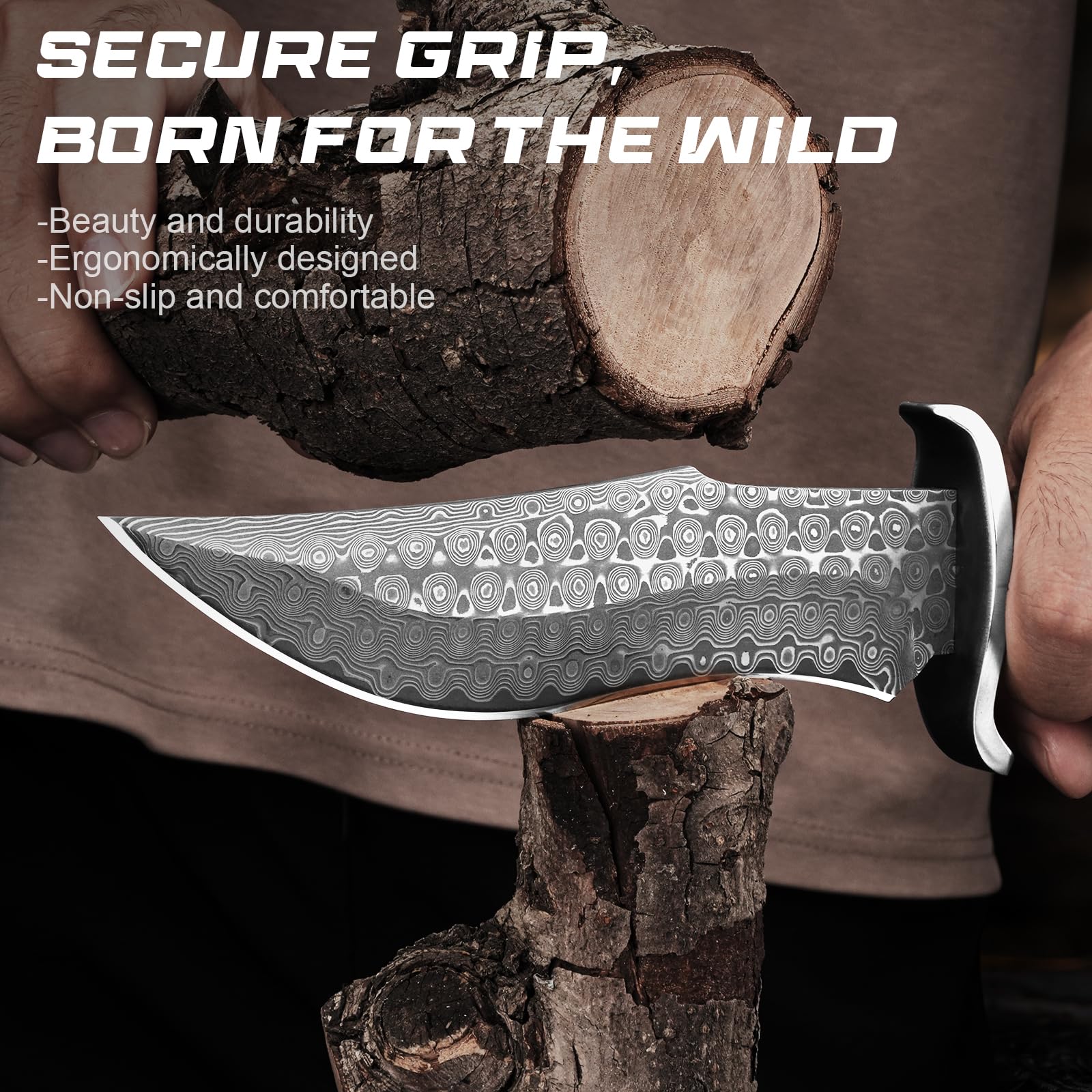 di caccia Lama fissa P-S-DMSG, lunghezza lama 16,3 cm Acciaio damassato Coltello cintura con custodia in pelle, manica in legno, coltello esterno per campeggio