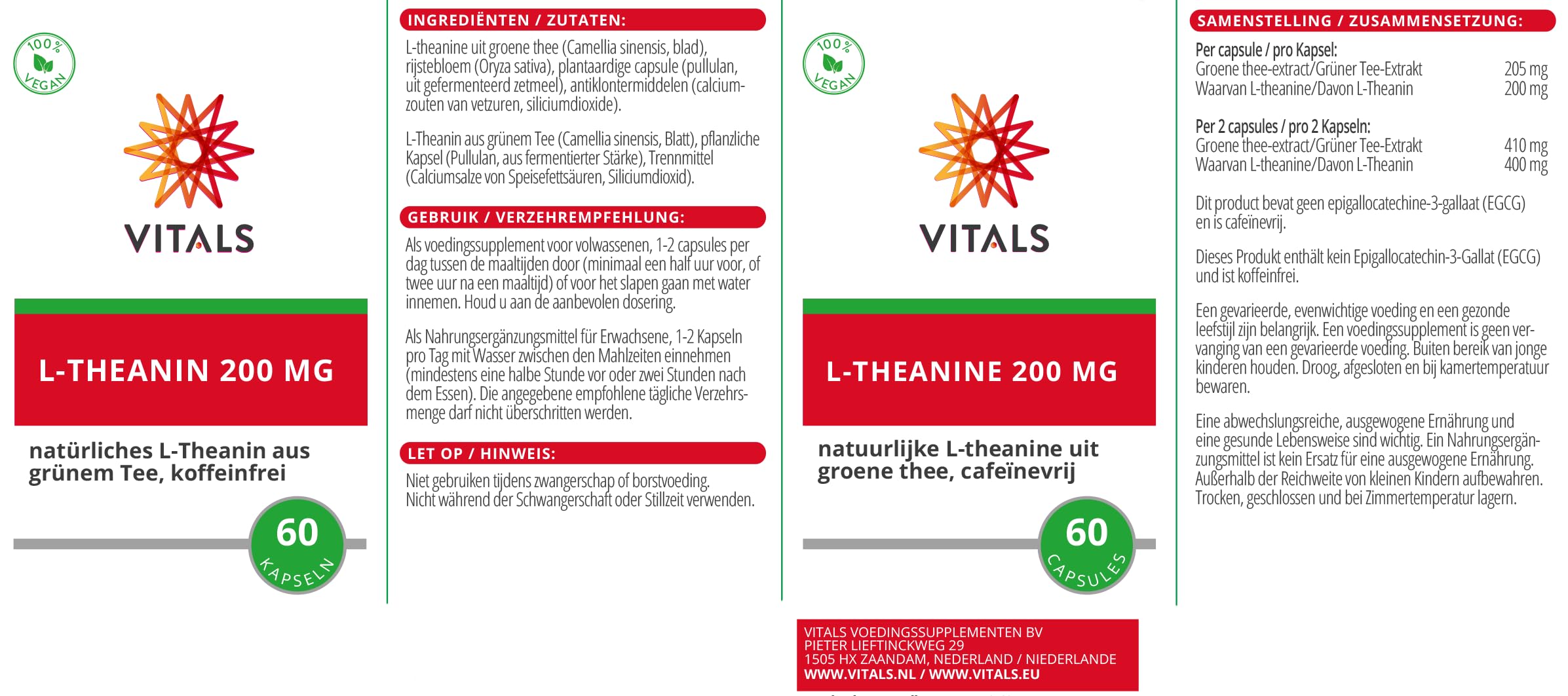 Vitals - L-Theanin 200 mg 60 Kapseln. Natürliches L-Theanin aus grünem Tee, Koffeinfrei