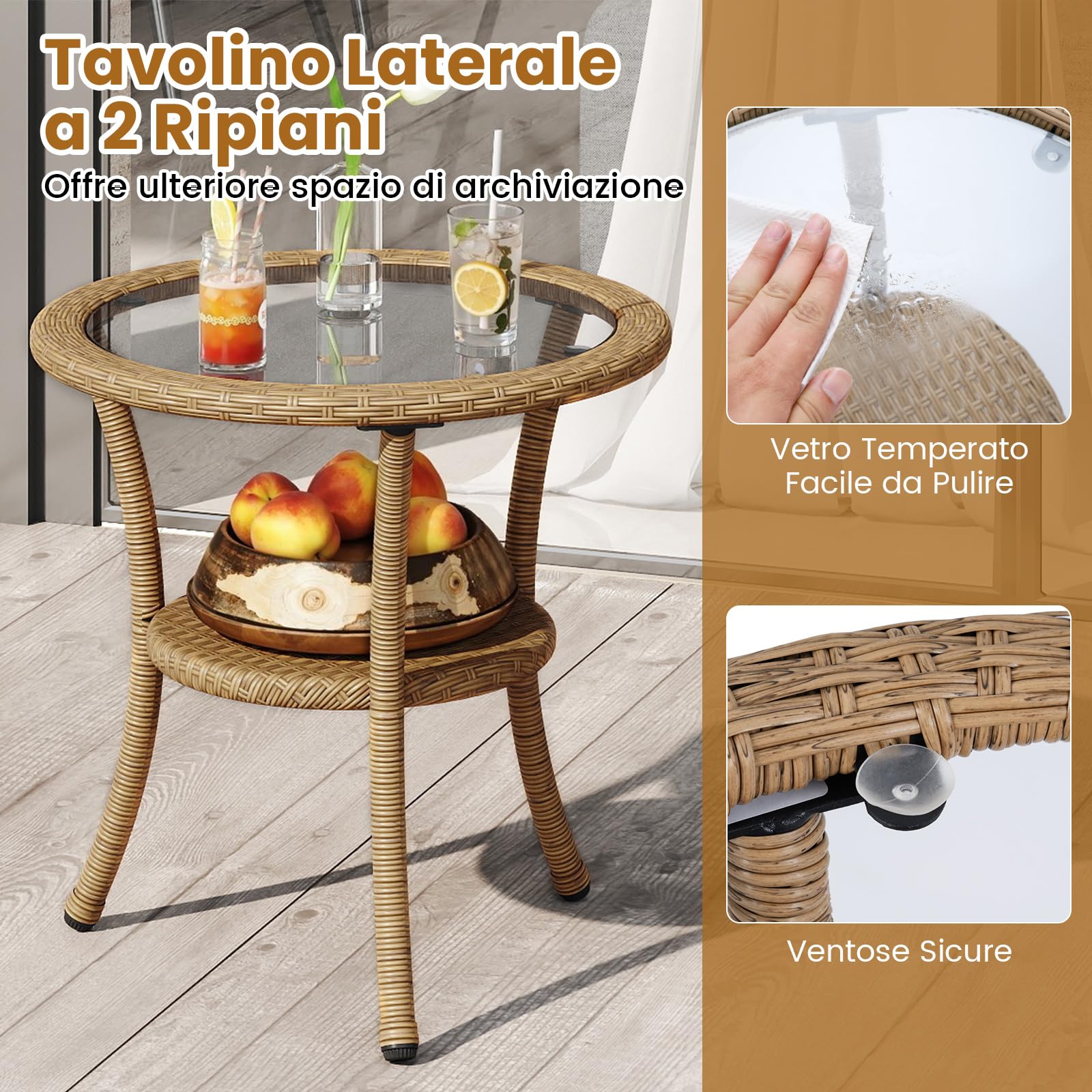 COSTWAY Set da Bistrò in PE Rattan 3 Pezzi con Cuscini e Tavolino in Vetro Temperato