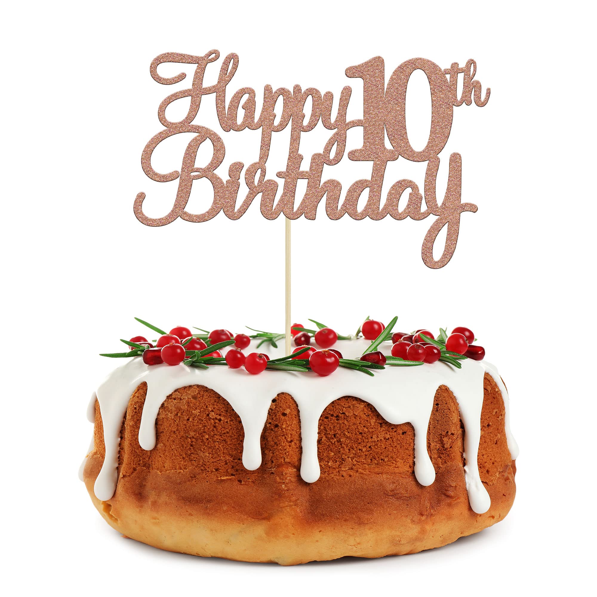 Gyufise 1Pc Happy 10th Birthday Cake Topper Glitter 10th Birthday Cake Pick Cheers to 10 Years Old Ten Fabulous Cake Decorations for 10th Birthday Theme Party Supplies Rose Gold