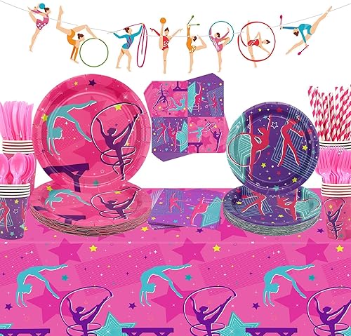 Decoraciones de fiesta de cumpleaños de gimnasia, suministros de fiesta temática para pequeñas gimnastas de baile con patrón de bandera, mantel,