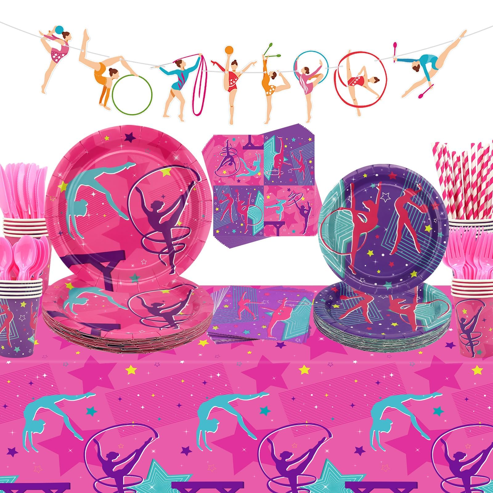 Gymnastics Birthday Party Decorations - Theme Party Supplies for Little Dance Gymnasts With Pattern Banner, Tablecloth, Plates, Napkins, Tableware,