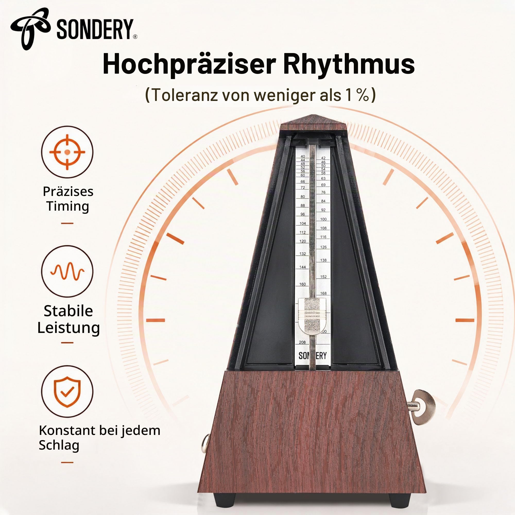 Sondery Klassisches mechanisches Metronom mit Glocke für Klavier, Gitarre, Trommel, Violine, Saxophon, alle Instrumente, Tempo Bereich 40–208 bpm, Beats 02346, schwarzes ABS-Gehäuse mit Holzmaserung