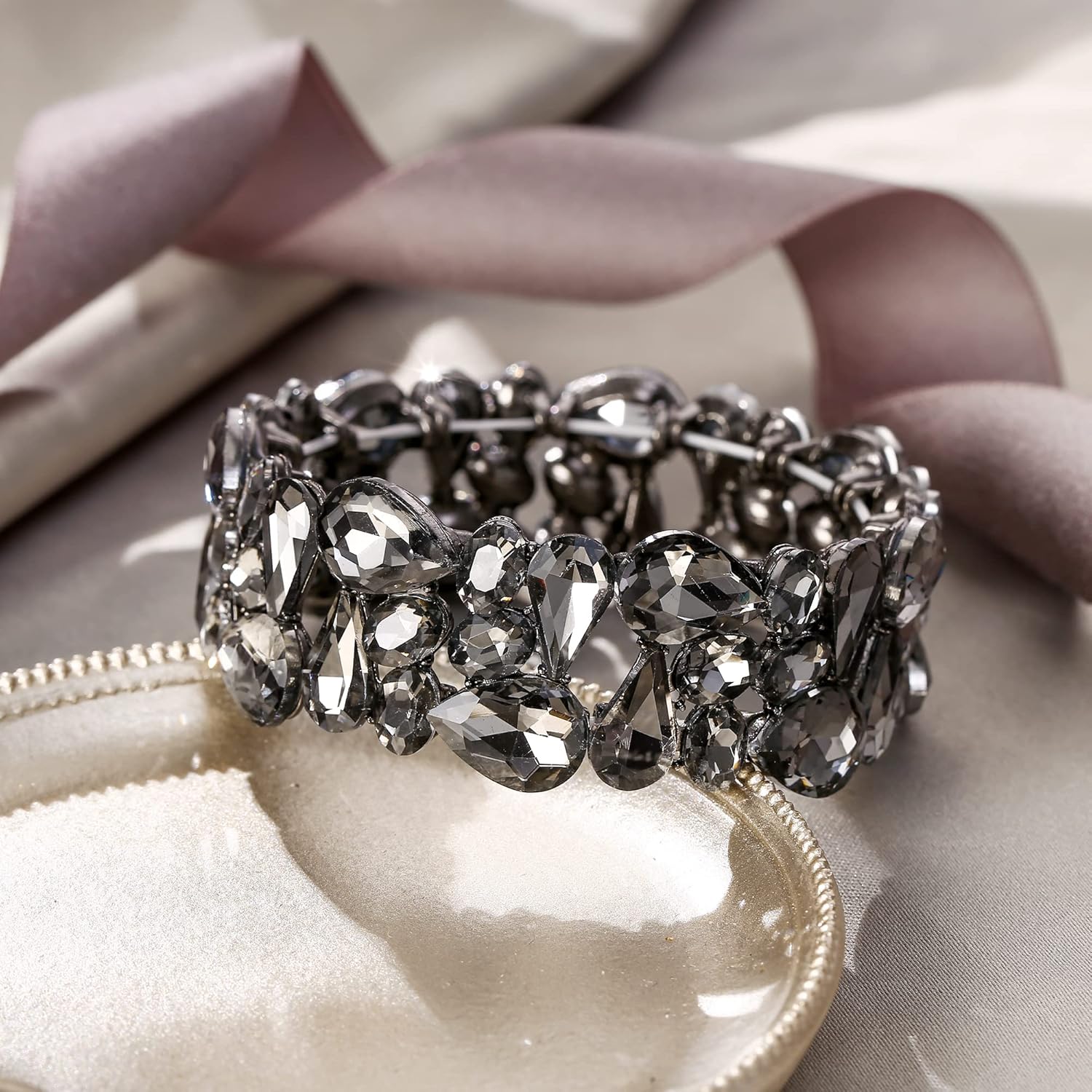 EVER FAITH Women's Art Deco Prom Jewelry Oval Teardrop Crystal Elastic Wedding Bridal Stretch Bracelet for Bride - Image 3