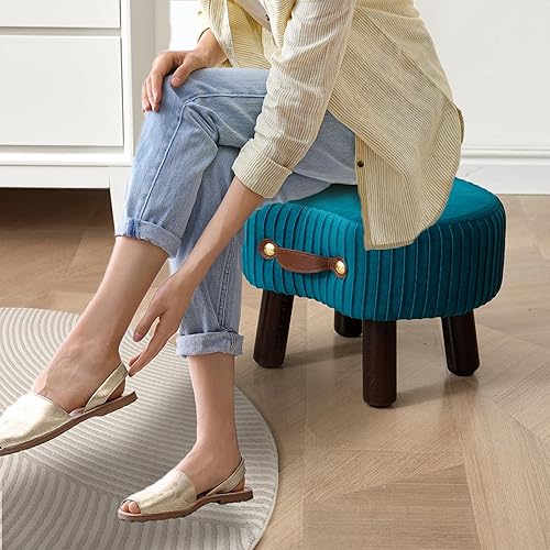 Miniatura 6 de Reposapiés pequeño con asa, reposapiés otomano de terciopelo con asiento acolchado, taburete curvado con patas de madera, reposapiés portátil para